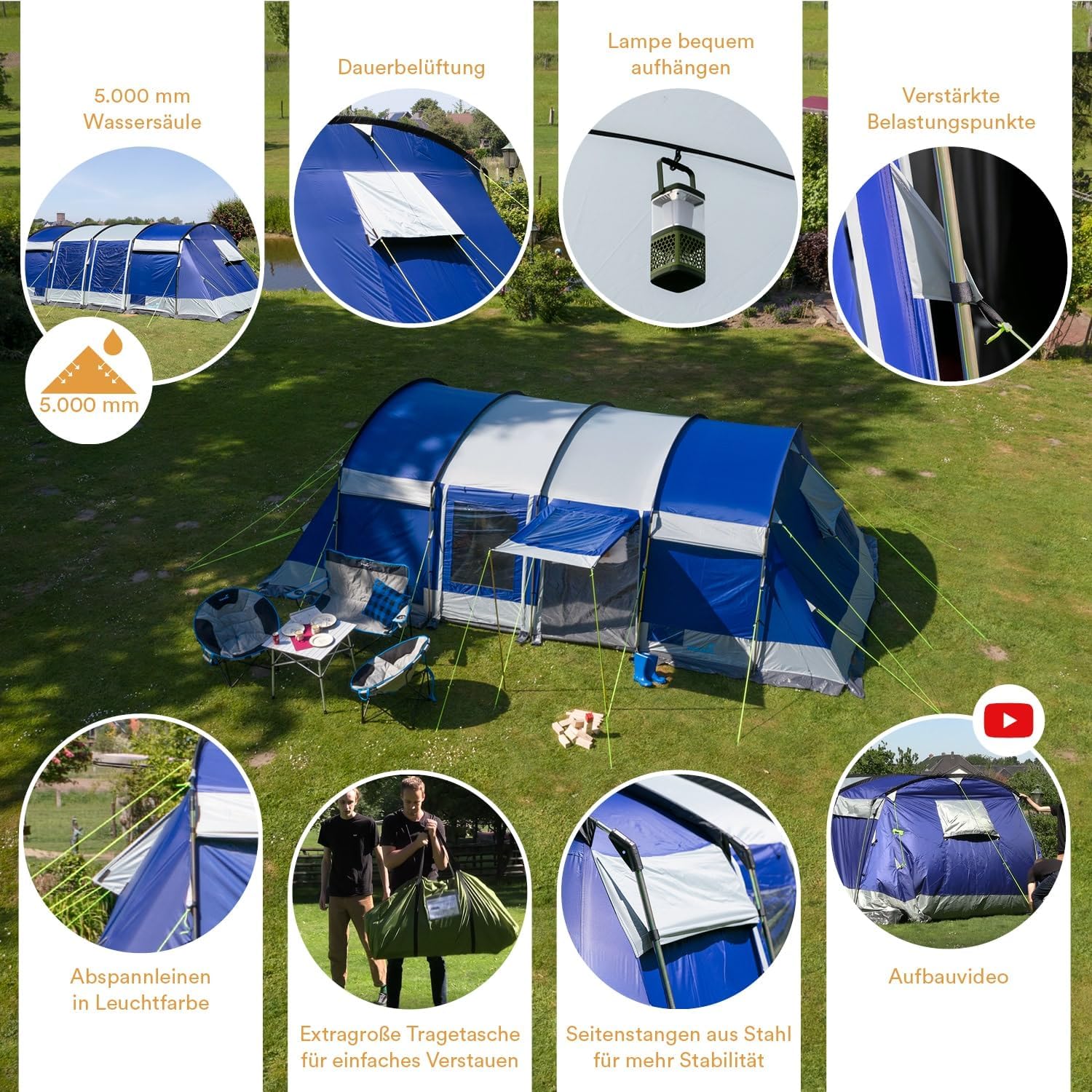 Skandika Tunnelzelt Montana 8 Personen | Camping Zelt mit/ohne eingenähten Zeltboden, mit/ohne Sleeper Technologie, 3-4 Schlafkabinen, 5000 mm Wassersäule, Moskitonetze | großes Familienzelt – Bild 5