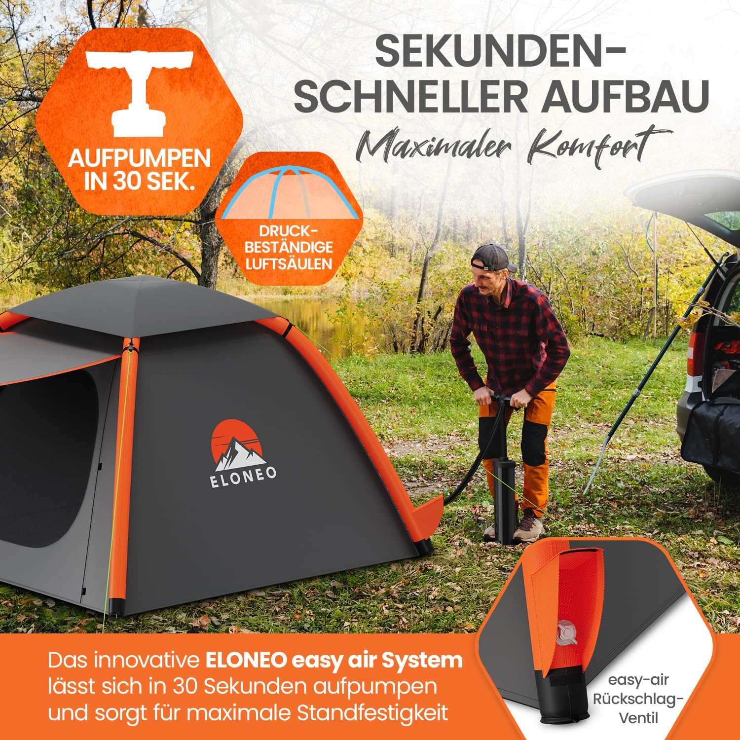 ELONEO aufblasbares Zelt für 1-4 Personen mit Vordach & Luftpumpe, Camping Zelt wasserdicht, Luftzelt Ultraleicht, Inflatable Tent, Glamping Zelt mit gratis LED Licht – Bild 2