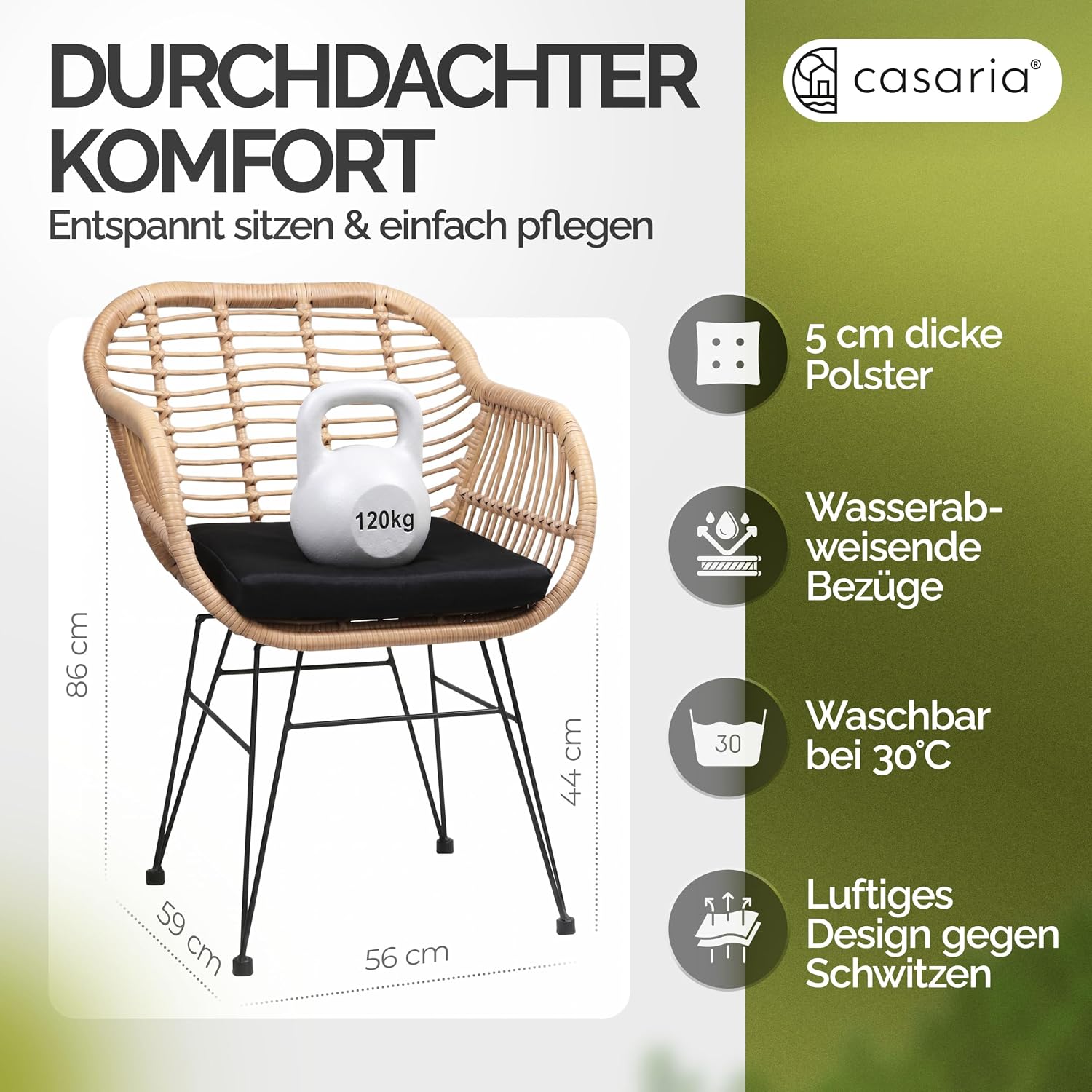 CASARIA® Gartenstühle 4er Set Polyrattan inkl. 5cm Auflagen Boho-Stil Gartensessel Wetterfest mit Armlehne Garten Terrasse Balkon Stuhl Sessel Outdoor – Bild 3
