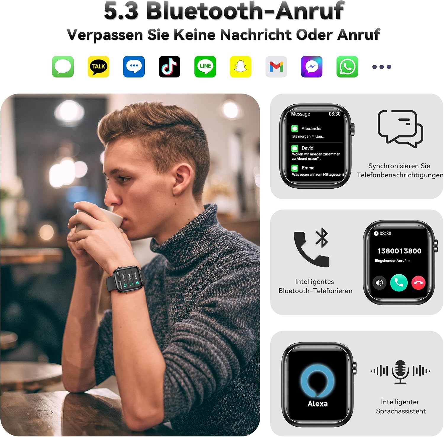 Smartwatch Damen Herren, 1.83" HD Fitness Tracker mit Schrittzähler/Blutdruckmessung/Pulsuhren/Telefonfunktion, Schlaftracker, 120+ Sportmodi, IP68 Wasserdicht Fitnessuhr&Sportuhr für Iphone Android – Bild 2