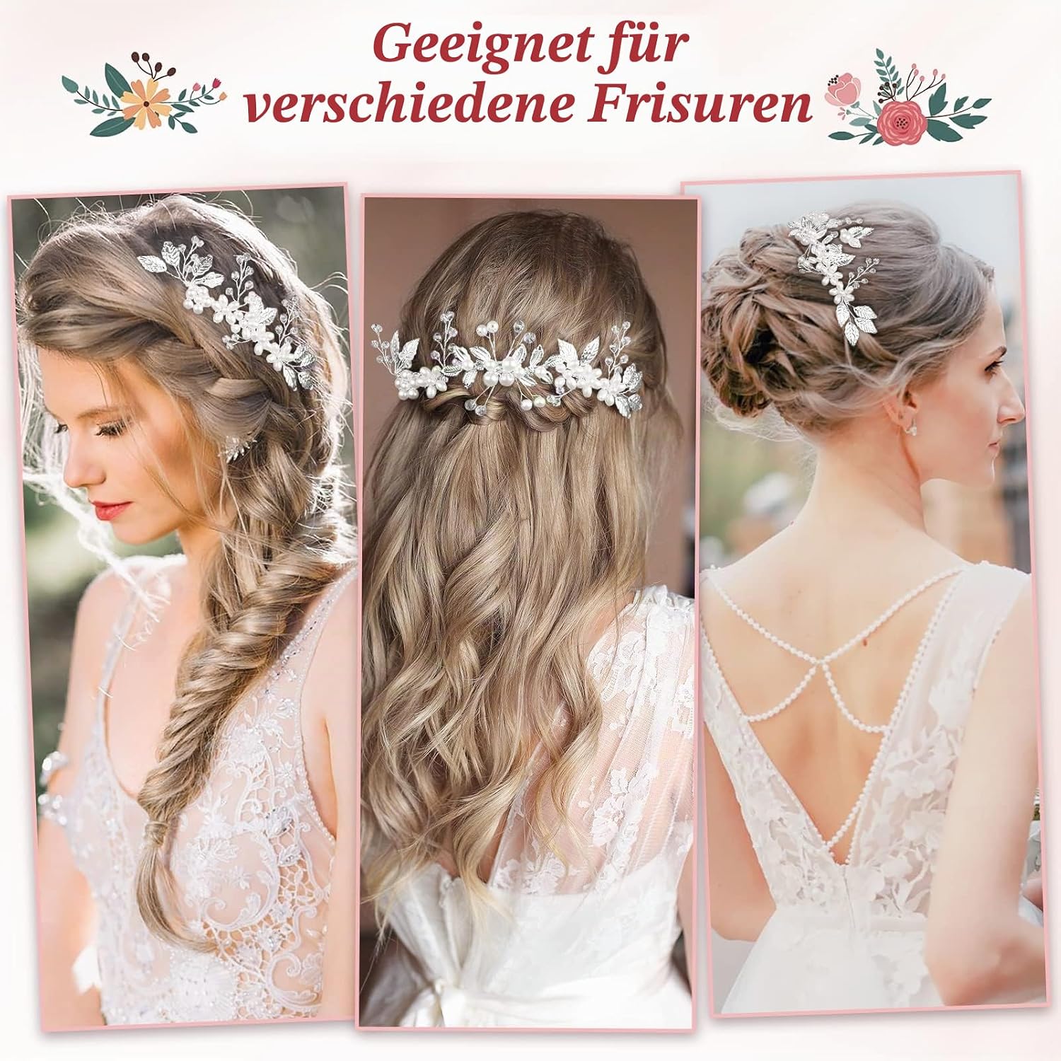 Kiiwah 4 Stück Haarschmuck Hochzeit Perle Blume Braut Haarkamm Strass Brautschmuck Braut Haarnadeln für Kommunion MäDchen Braut Brautjungfer(Silber) – Bild 5