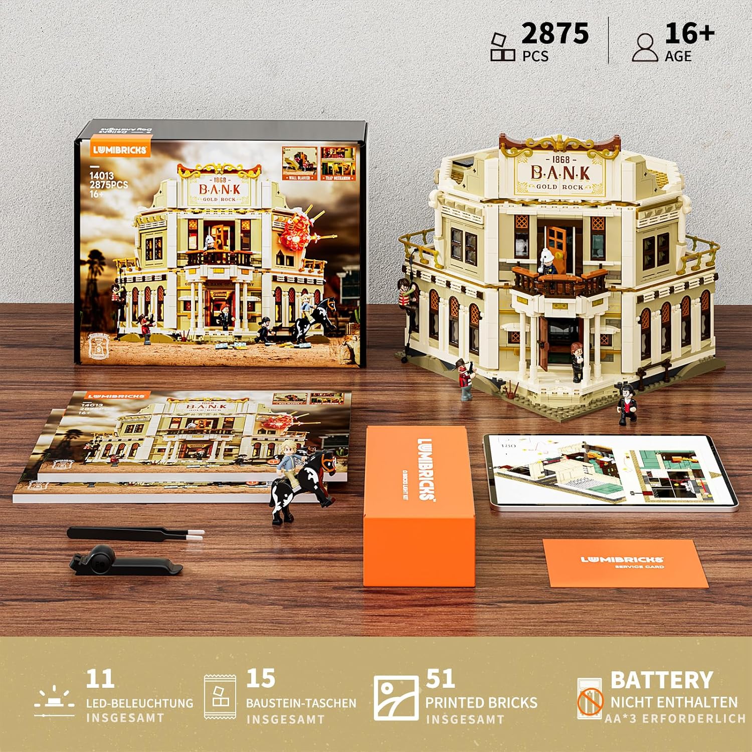 Lumibricks Western Bank Heist Bausatz – 2875 PCS Wildwest-Stadt Flagship-Modell mit 11 LED-Lichtern, 6 Minifiguren, Hochdetaillierte Architektur, Sammlerstück & Geschenk für Erwachsene & Kinder – Bild 7