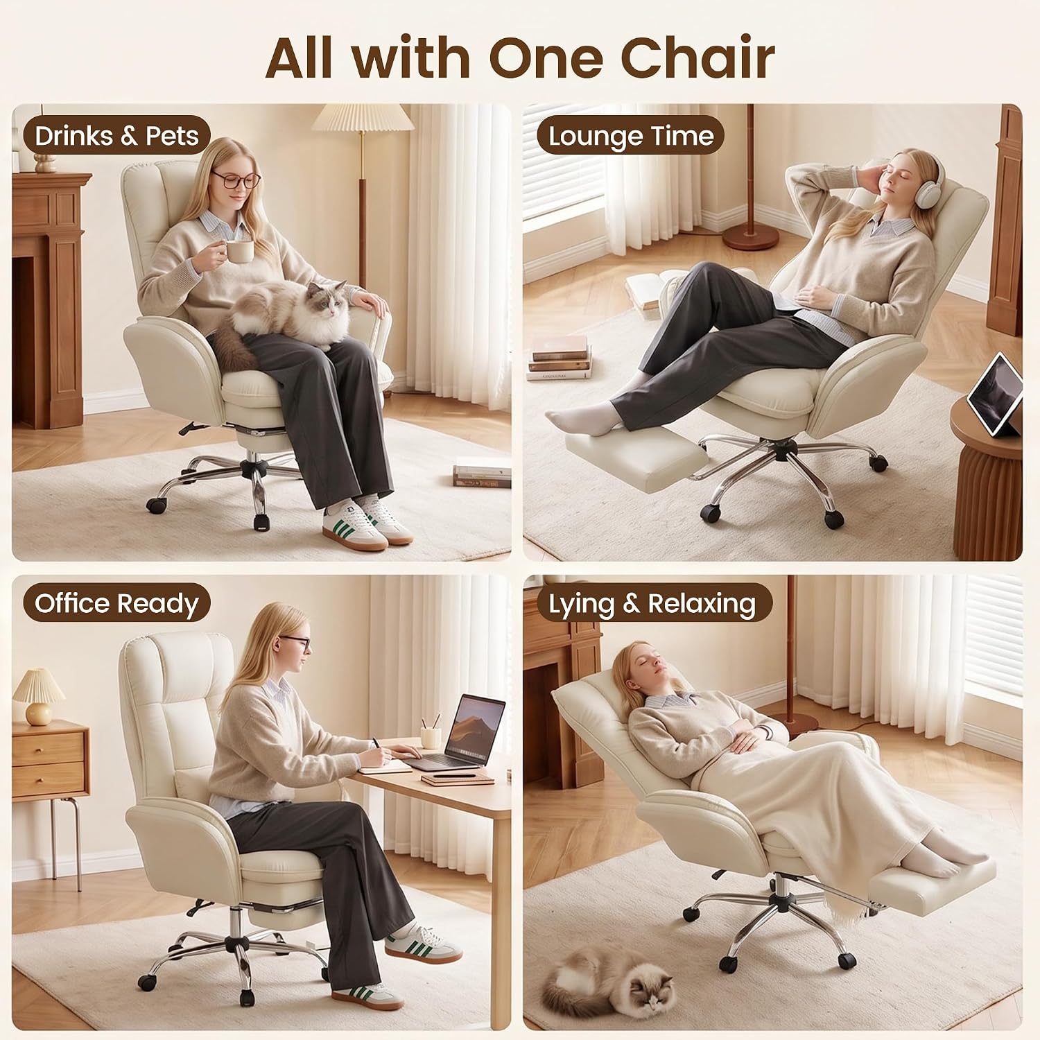 Hawthyhome Ergonomischer Bürostuhl 135° Kunstleder mit Fußstütze,Beige – Bild 3