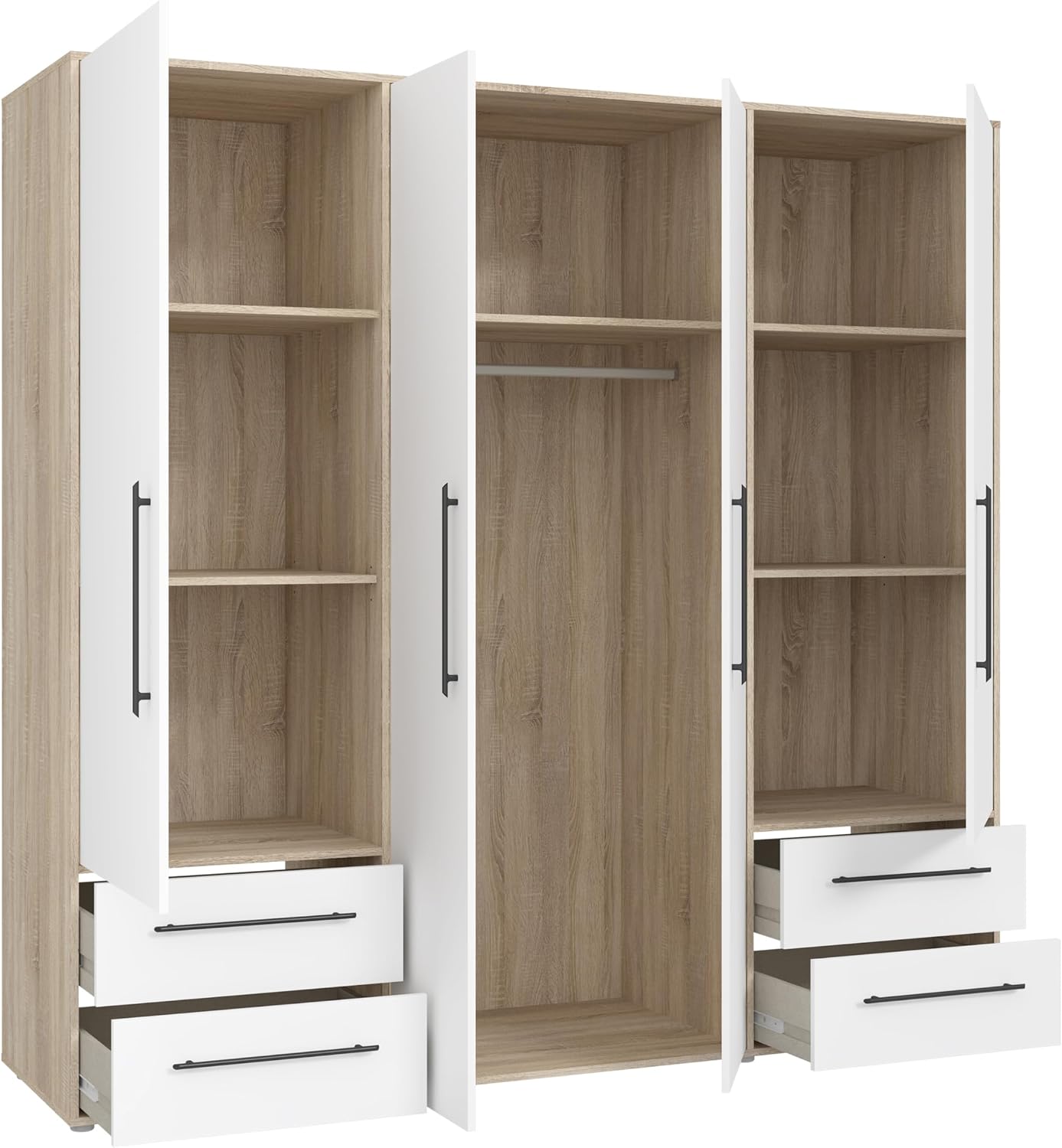 FORTE Jupiter Schrank 200 210, Kleiderschrank, Drehtürenschrank, 4-türig, mit 4 Schubladen und Einlegeböden, Weiß mit Holz Dekor: Sonoma Eiche, 206 cm breit x 59 cm tief x 200 cm hoch – Bild 6