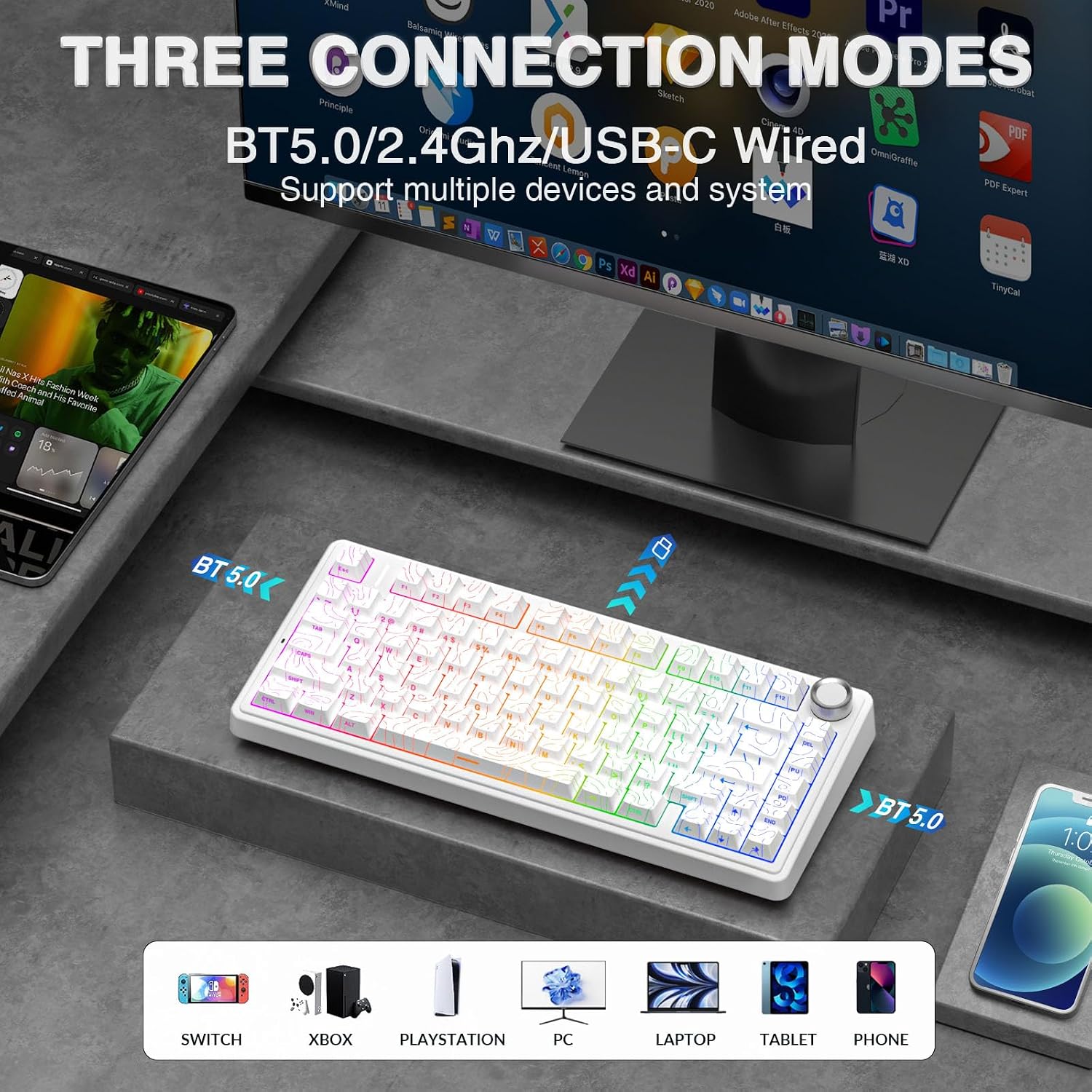 AULA F75 PRO Mechanische Tastatur Gaming,2.4GHz/Type-C/BT5.0 Mechanical Keyboard,Seitlich Graviert,Fünfschichtige Gefüllte Struktur,QWERTY,Hot-Swap Kabellos Gaming Tastatur 75 Prozent (Weiß) – Bild 3