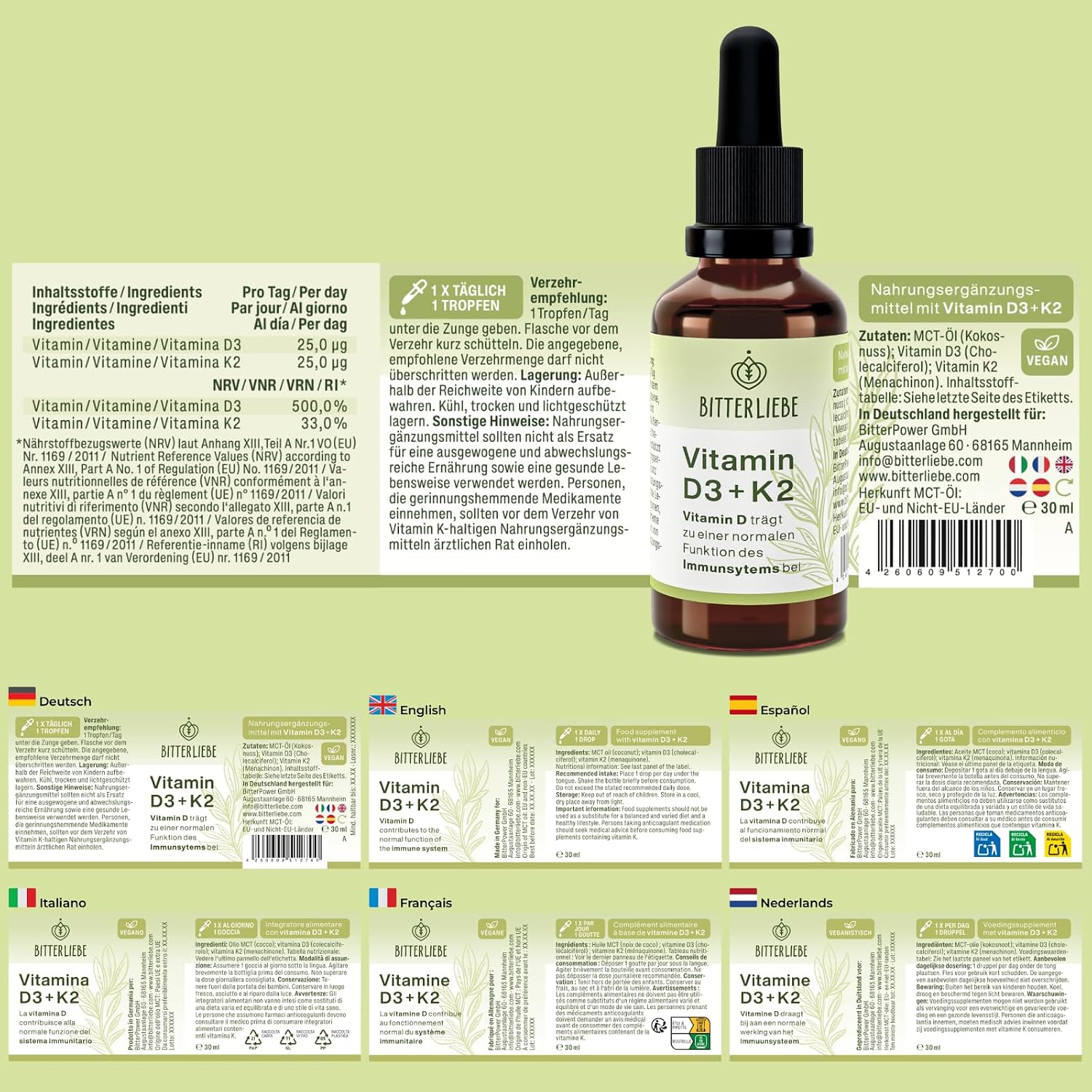 BitterLiebe Vitamin D3 K2 Tropfen hochdosiert und vegan - K2 Vitamin und hoch bioverfügbare Vitamin D3 - für starke Knoche und Immunsystem, fördert Herz-Kreislauf-System und Muskelgesundheit (1) – Bild 3