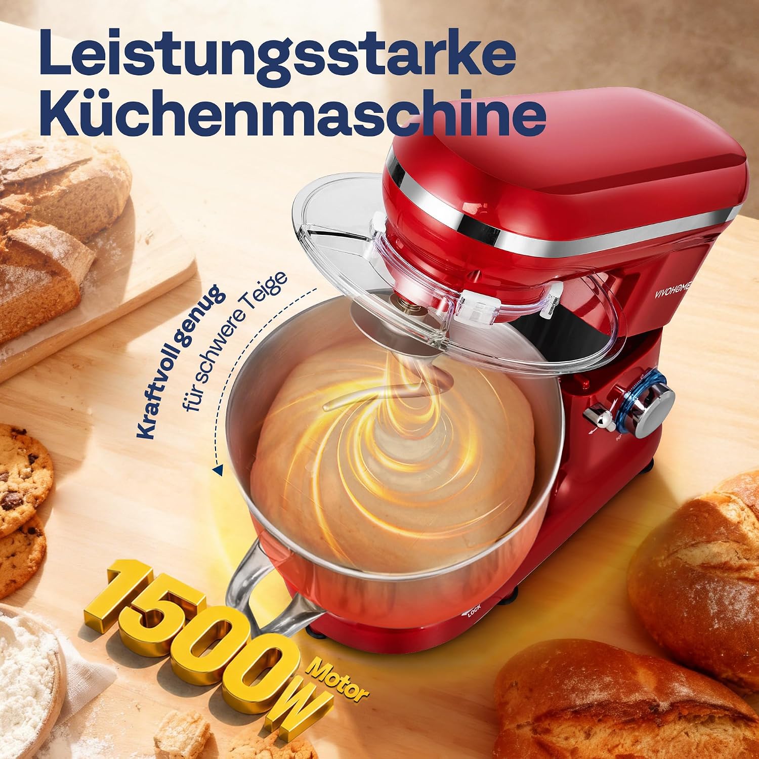 VIVOHOME 1500W Küchenmaschine 5,7L mit Edelstahlrührschüssel – Bild 2