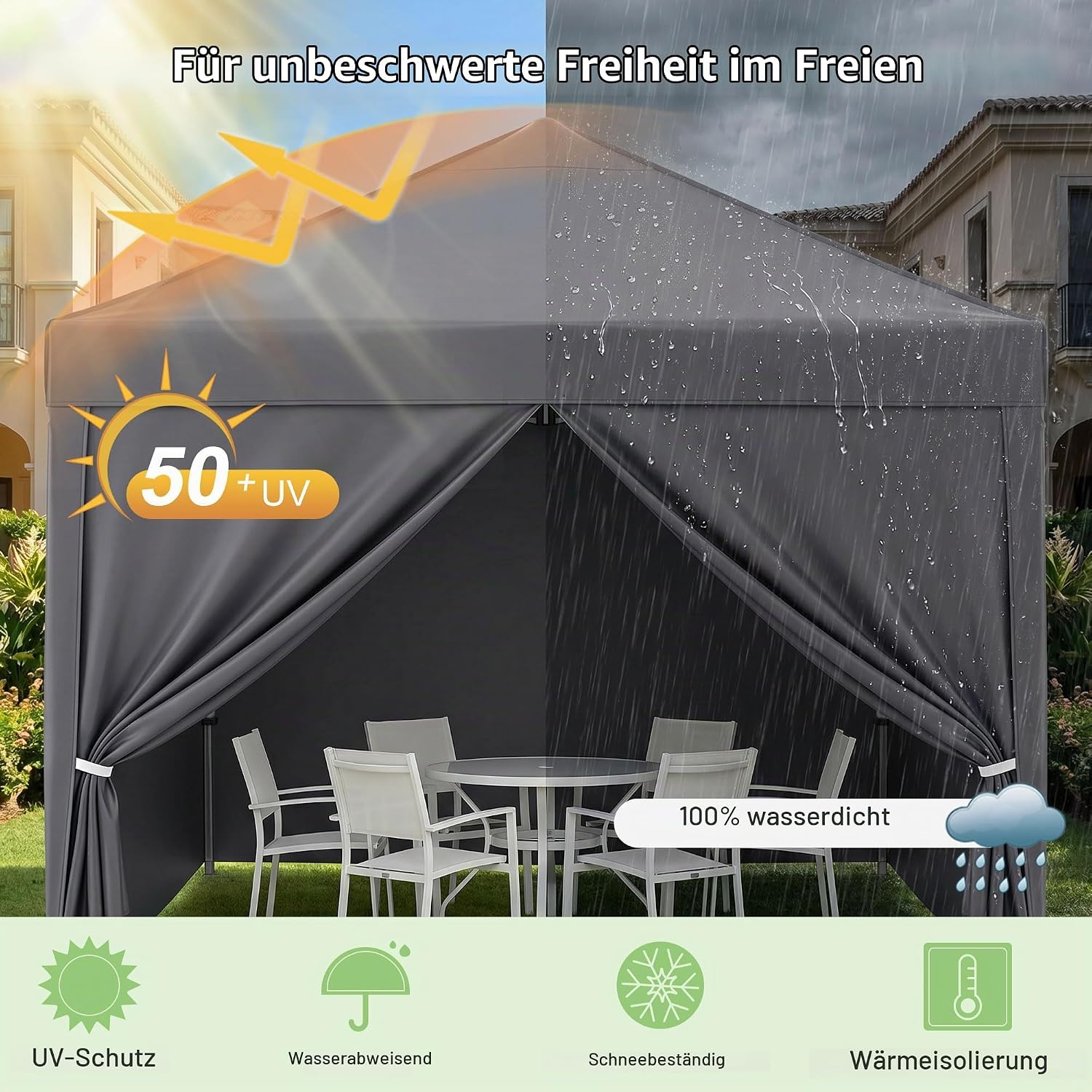 3x3 Faltpavillon, Winterfest Pop Up Pavillon mit 4 Seitenwänden Wasserdicht & Stabil, Höhenverstellbar – Ideal als Partyzelt, Gartenpavillon & Faltzelt für Camping, Festival und Party – Bild 3