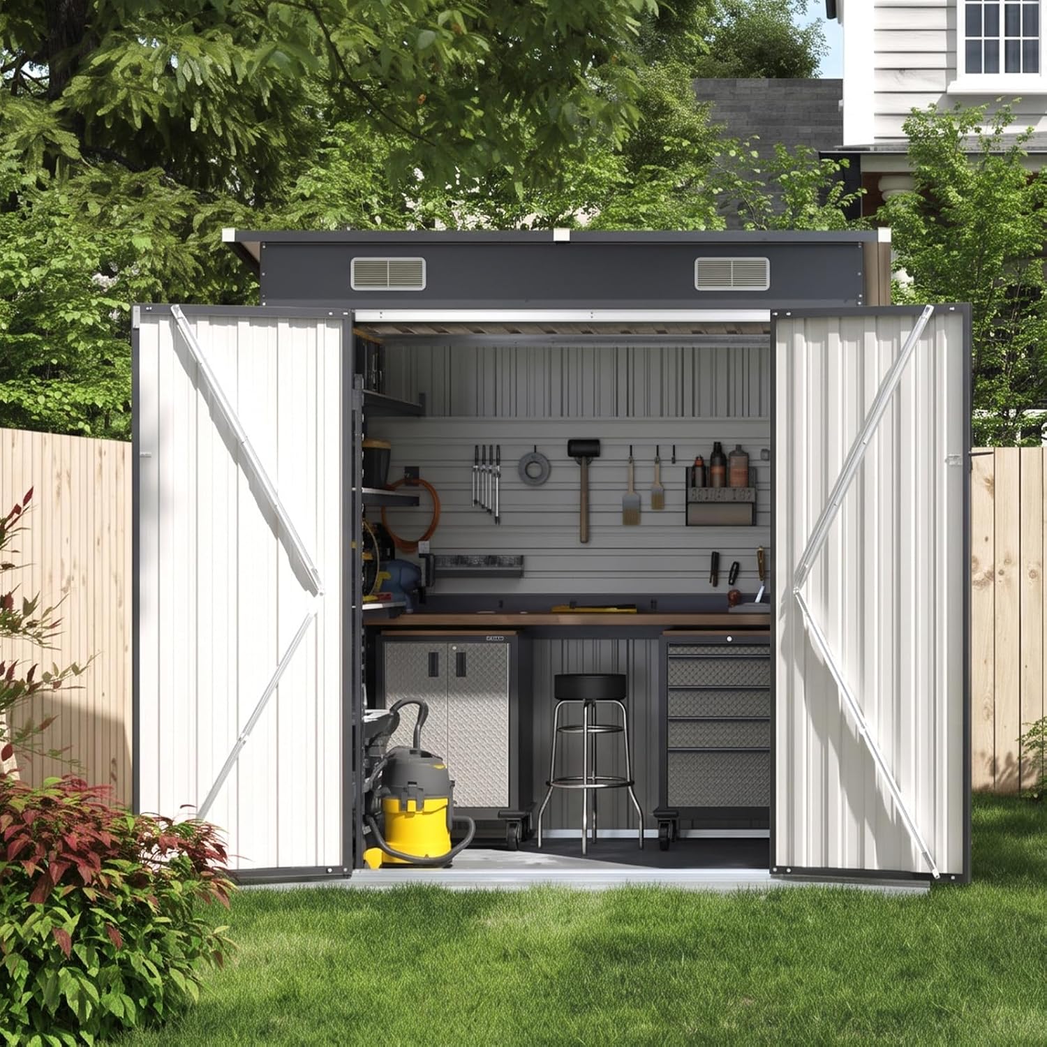 Aoxun Gerätehaus Metall 6x4 FT Pultdach Geräteschuppen Schwarz mit Riegel – Bild 9