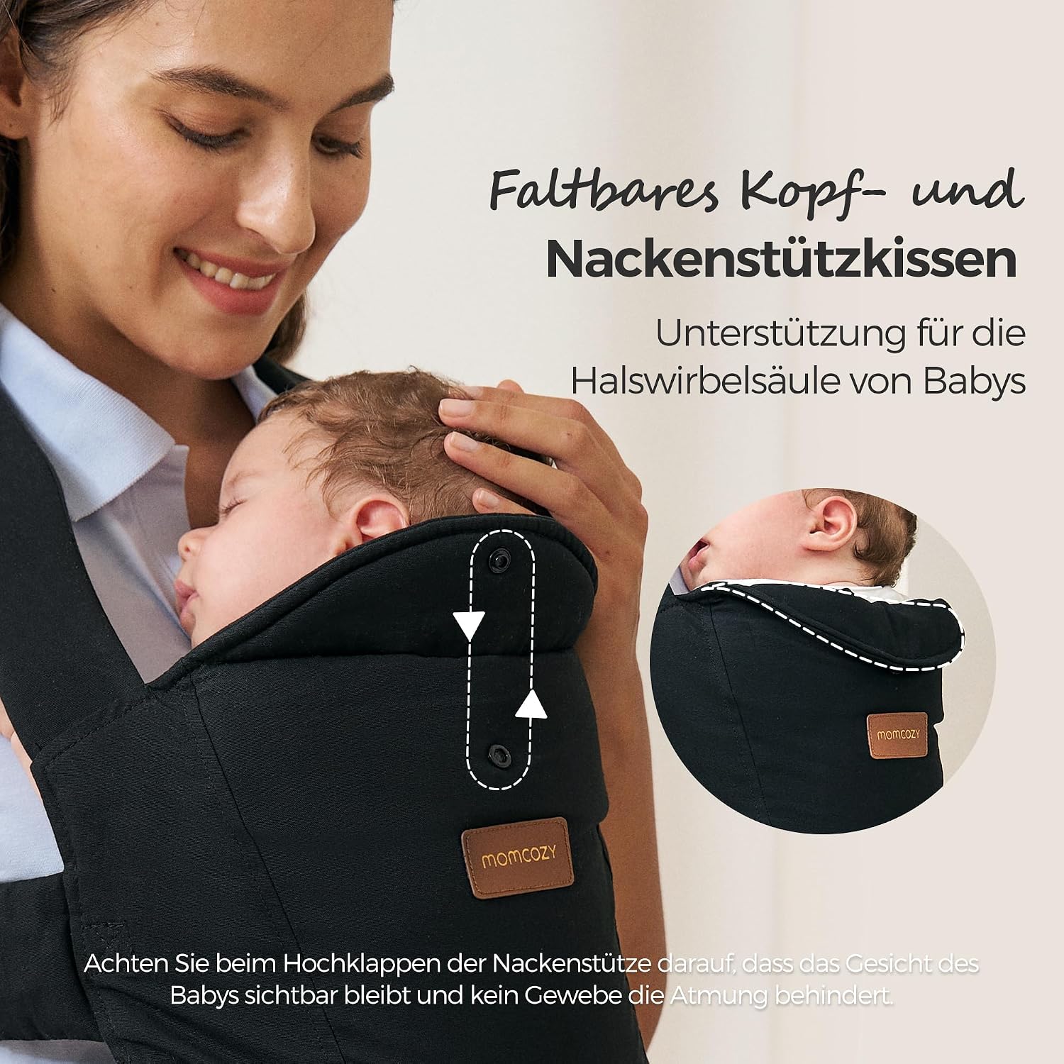 Momcozy Babytrage Neugeborene ab Geburt | Ergonomische Tragehilfe mit Nackenstütze | Leicht & sicher (3-11 kg),Schwarz – Bild 4