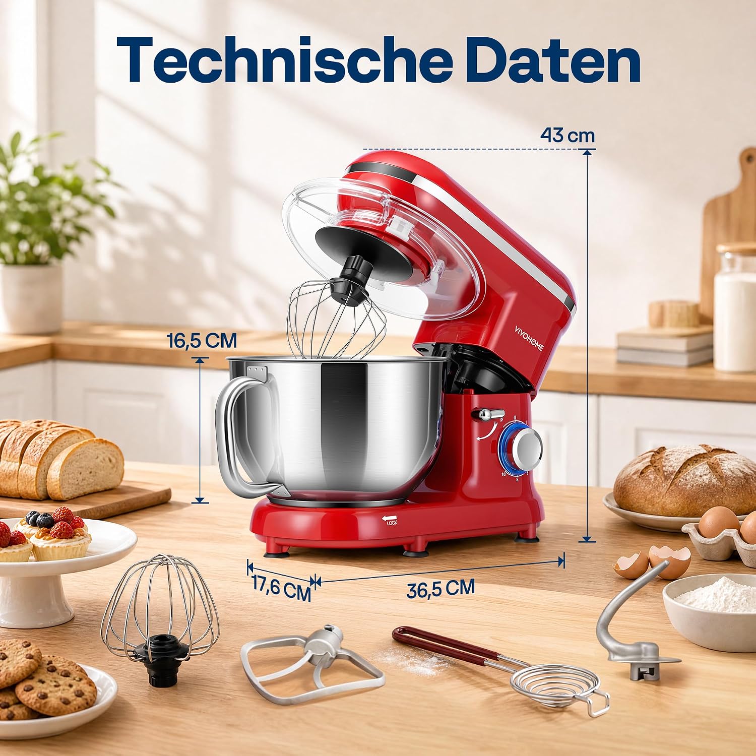 VIVOHOME 1500W Küchenmaschine 5,7L mit Edelstahlrührschüssel – Bild 7