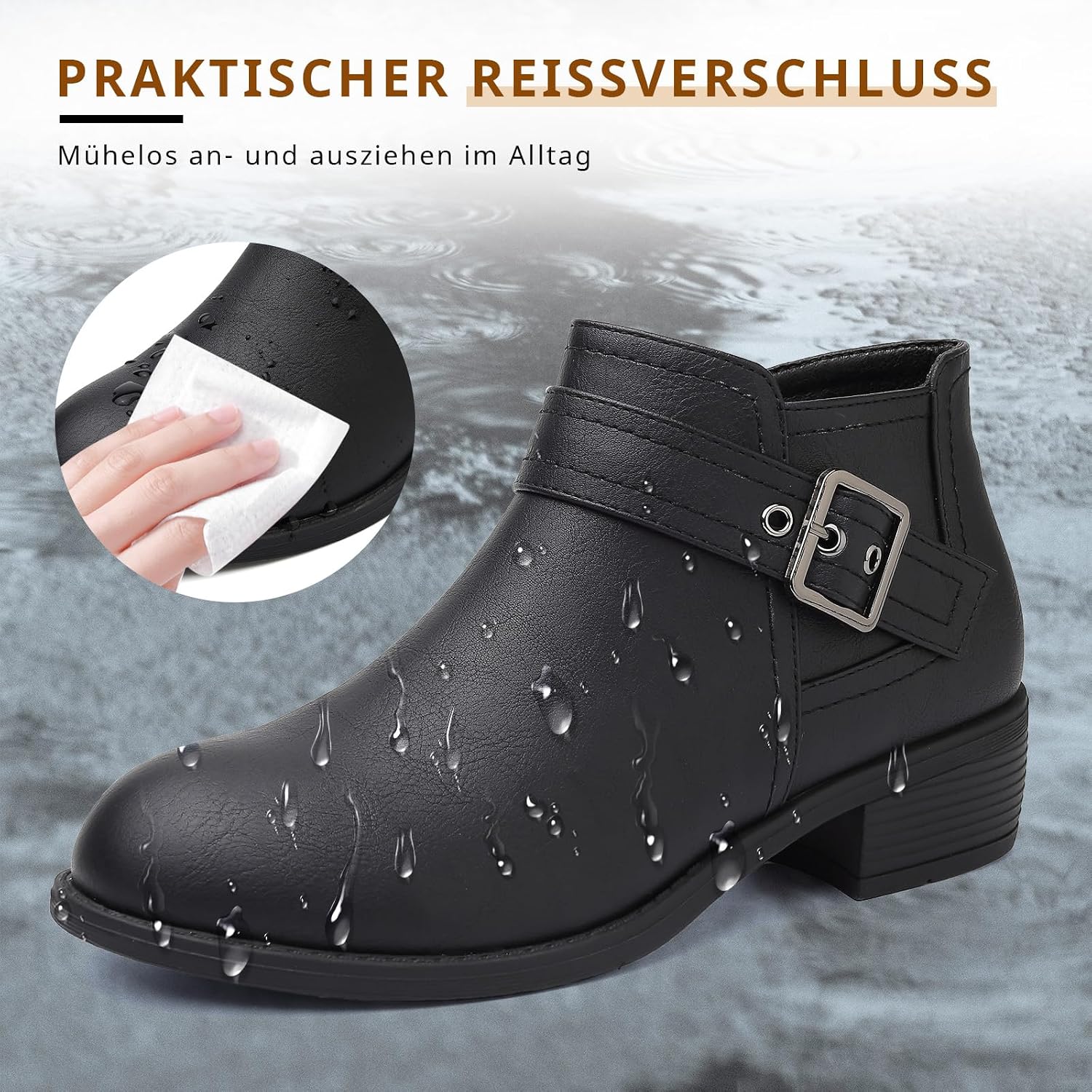 ziitop Stiefeletten Damen Schwarz mit Reißverschluss Elegante Boots Stiefel Damen Spitz Zulaufend Schnalle Western Chelsea Ankle Boots Herbst Winter Schuhe Ungefüttert Vielseitig Kurzstiefel – Bild 5