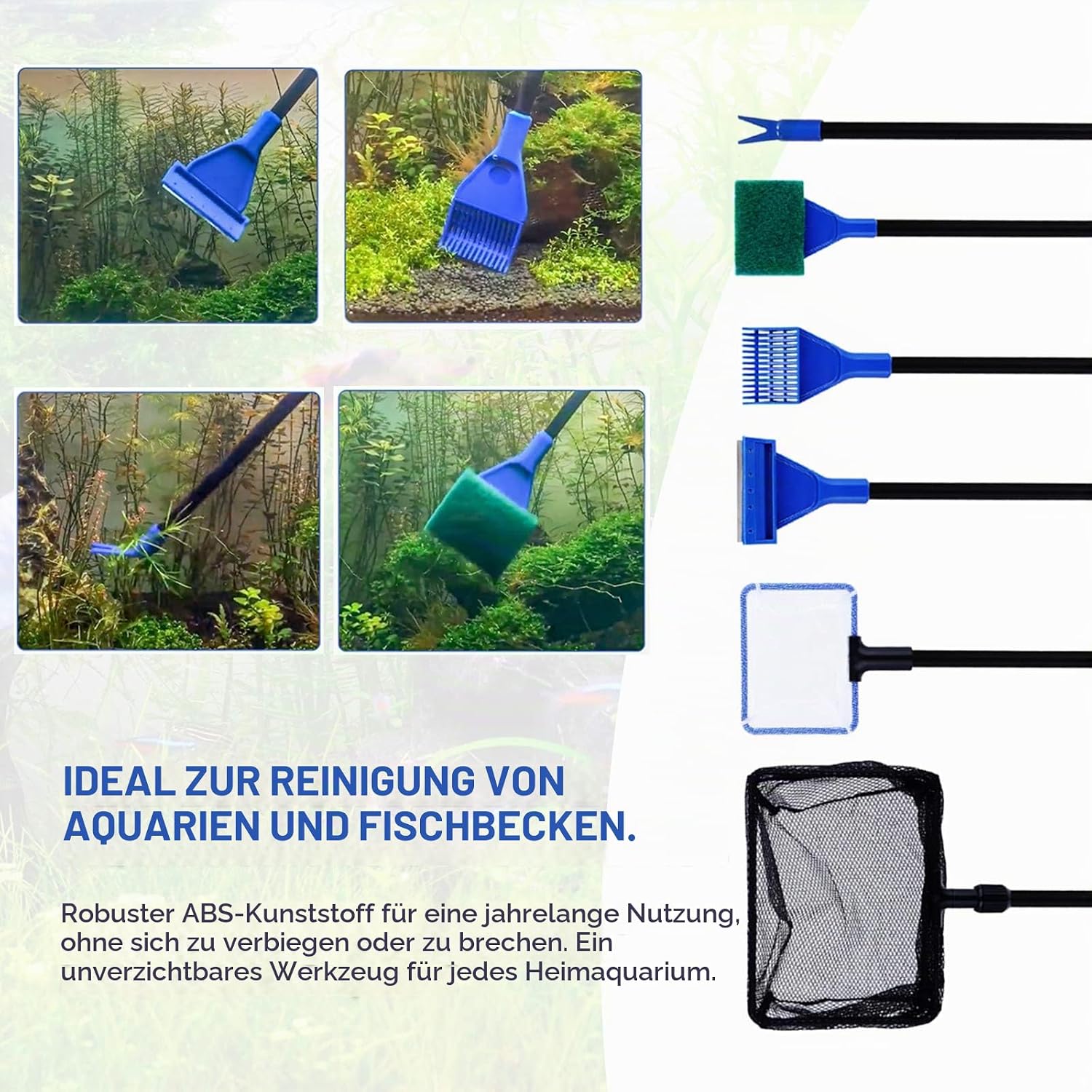 9-in-1 Aquarium-Reinigungswerkzeug-Set, Fischnetz, Kiesrechen, Pflanzengabel, Schaber, Schwamm und Edelstahl-Aquarium-Werkzeug-Set, Aquarium-Reiniger, Aquascape Wasserpinzette, Schaber-Set – Bild 6