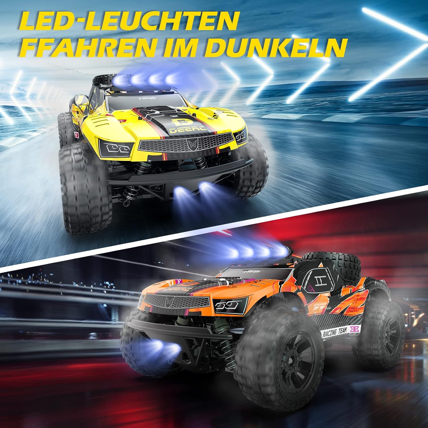 DEERC Ferngesteuerte Auto 1:10 mit Lichtern RC Auto 48km/h 4WD Offroad Hobby Grade Monster Crawler mit 2 Akkus 40 Minuten Laufzeit,2 Autoschalen, für Erwachsene, Kinder (9201E) – Bild 5