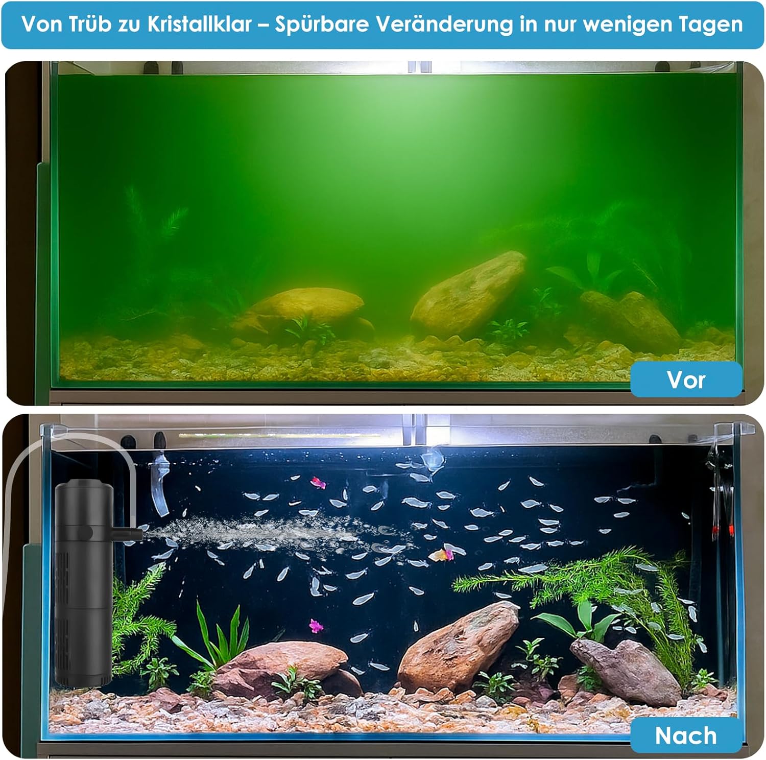 Aquarium Innenfilter mit UV-Sterilisator & Timer, 5-in-1 Filterpumpe mit Belüftung & Regendusche, 500 L/H, Leise, für Süß- & Meerwasser, geeignet für 50–125L Aquarien – Bild 2