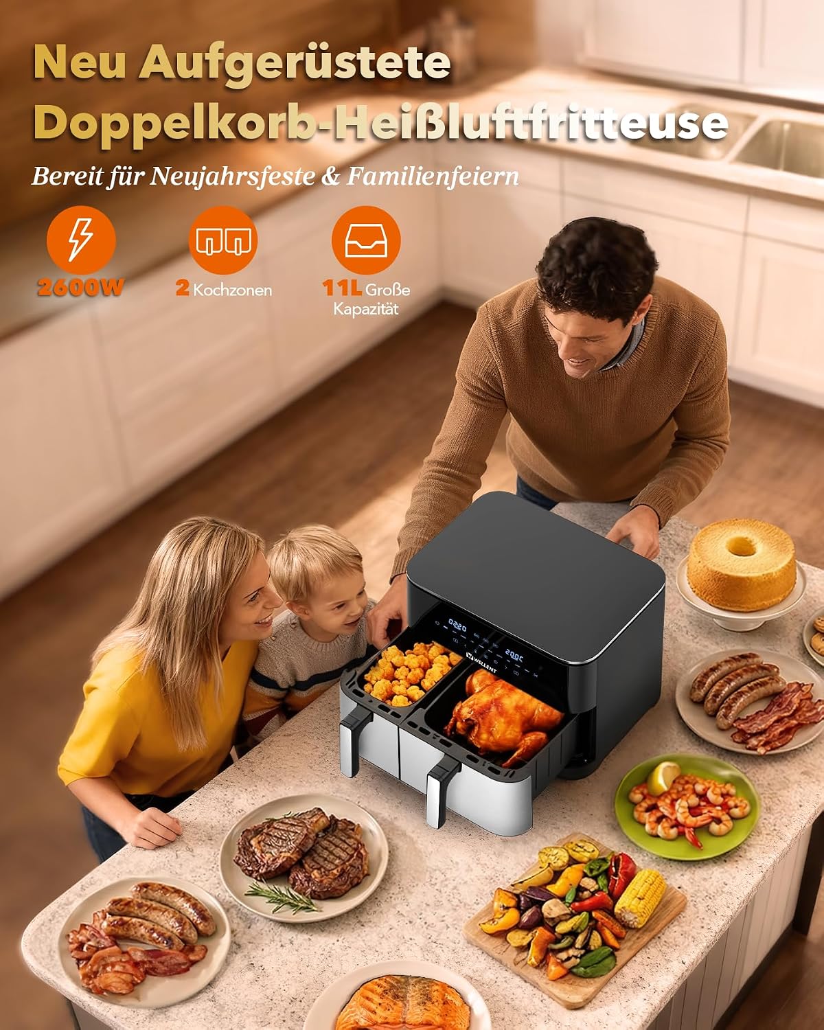 WELLENT 11L Airfryer 2 Kammern (4+7L), 10-in-1 XXL Heißluftfritteuse – Bild 2