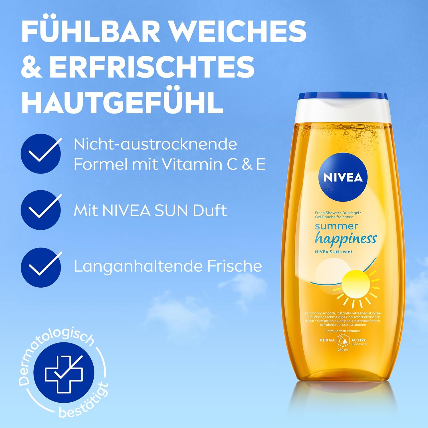 NIVEA Summer Happiness Duschgel, pH-hautneutrale Pflegedusche mit Vitamin C & E, feuchtigkeitsspendendes Duschbad mit dem klassischen NIVEA Sonnencreme Duft (250 ml) – Bild 2