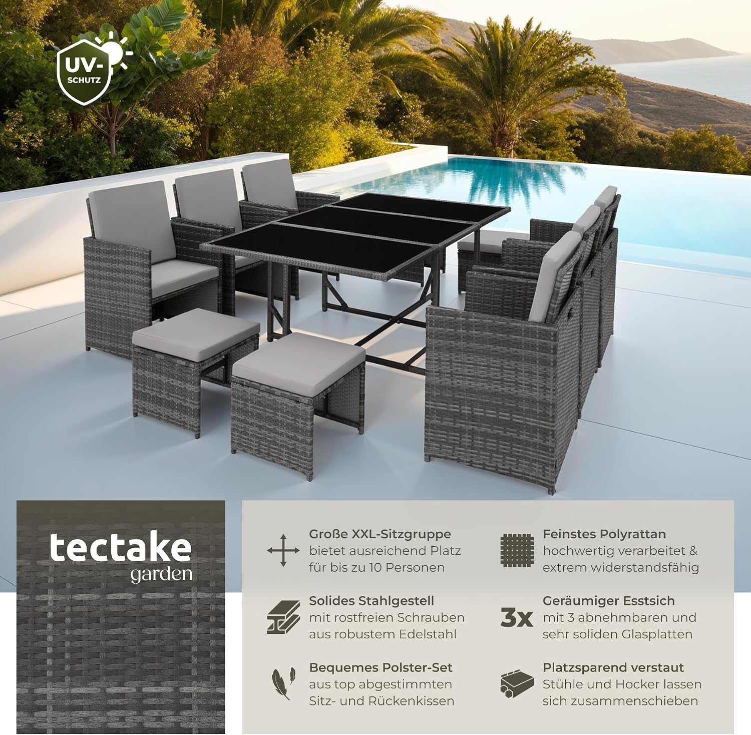 tectake® Outdoor Balkon Gartenmöbel Set, Lounge mit 6 Stühlen, 4 Hocker und 1 Tisch, Poly Rattan Geflecht, wetterfest, platzsparend - grau – Bild 2