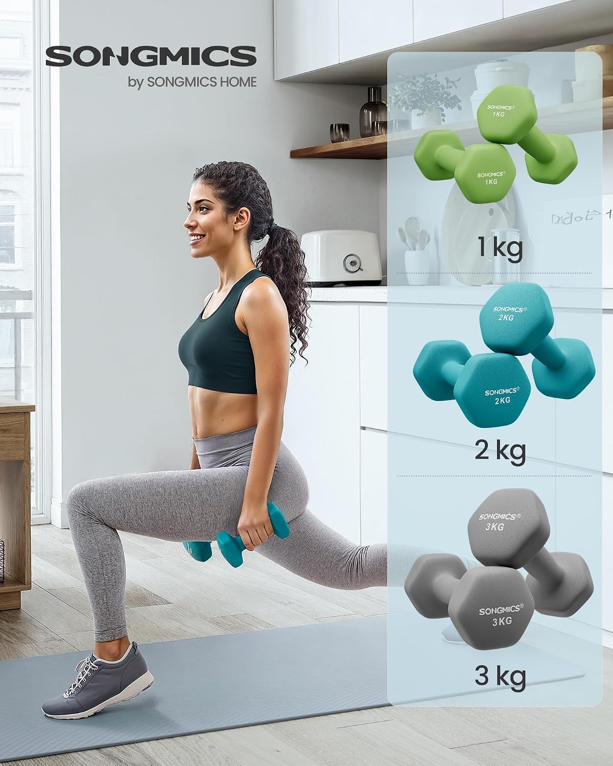 SONGMICS Kurzhantel Set, Hexagon, mit Hantelständer, PVC-Beschichtung, limettengrün, aquamarin, dunkelgrau, hellgrau, rosa, blau, schwarz – Bild 2
