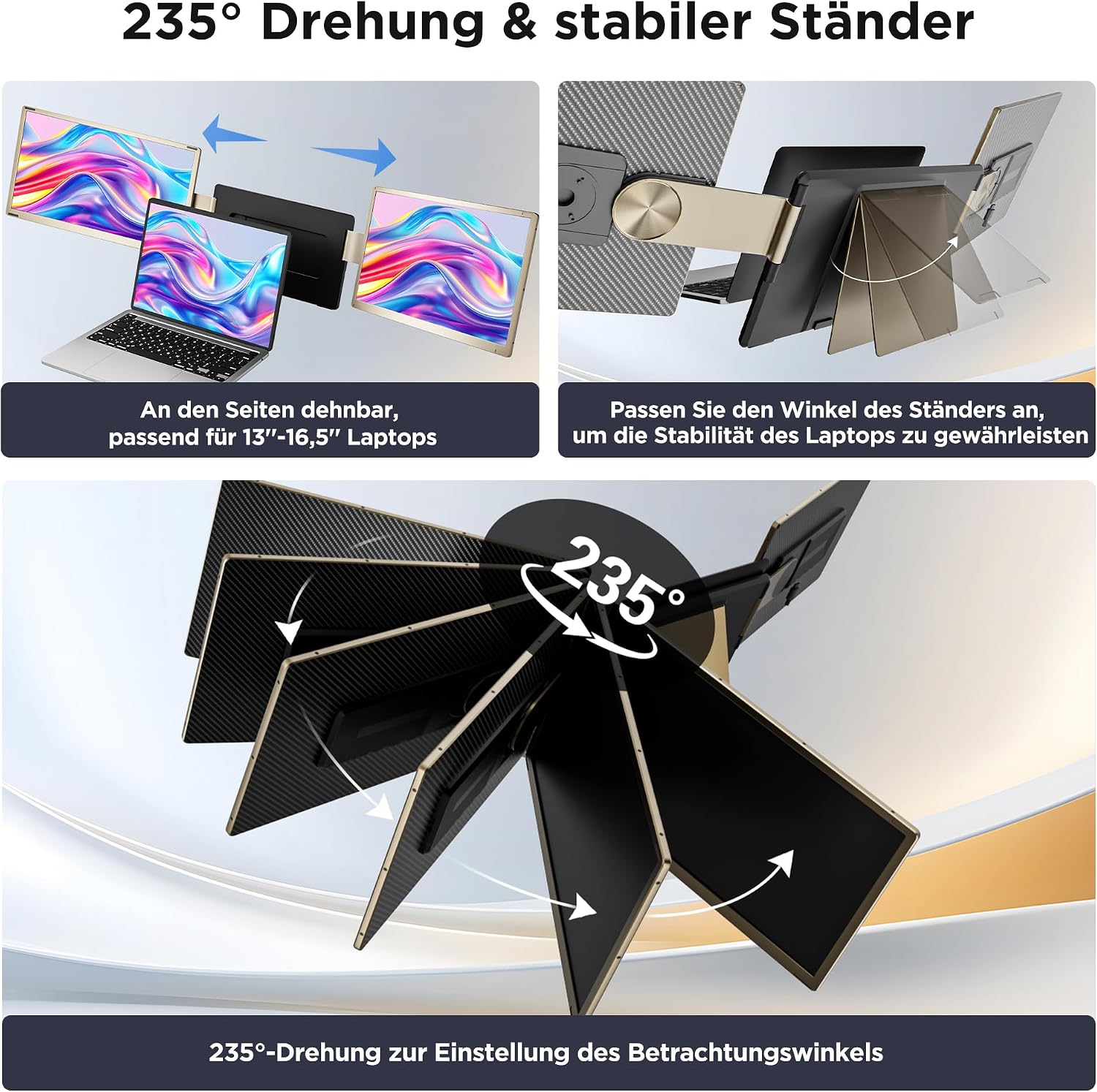 15.6'' Laptop Bildschirm Extender, 1080P FHD Portable Monitor Laptop with 235° Rotation, Triple Tragbarer Monitor Erweiterung Laptop Plug & Play für Mac, Windows, Chrome, Android – Bild 6