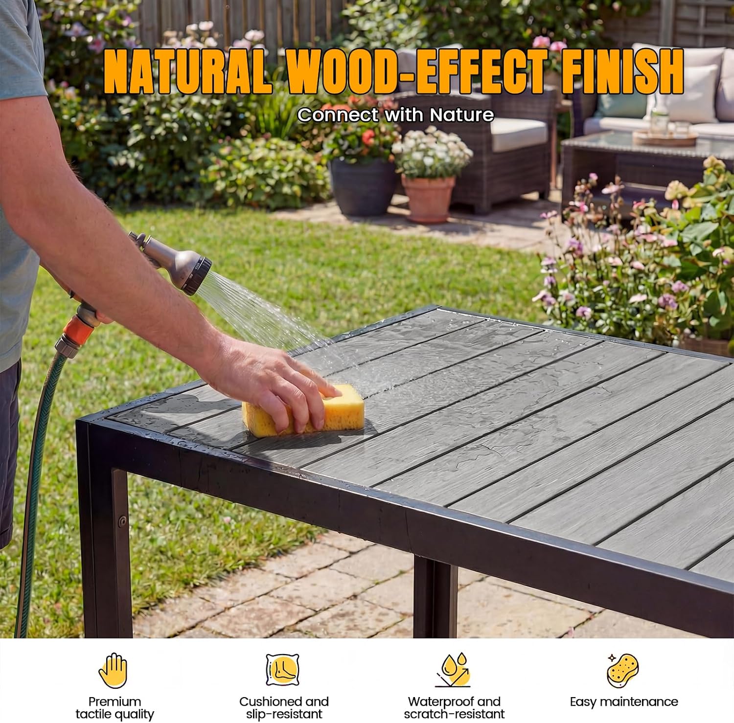 Devoko Gartenmöbel Set 6 stühle mit Tisch, Bestehend aus 1 Aluminiumtisch und 6 Klappstühlen für balkonmöbel. 1 x 150 cm Gartentisch mit Holzmaserung, Terrassenmöbel-Set, Dunkelgrau. – Bild 5