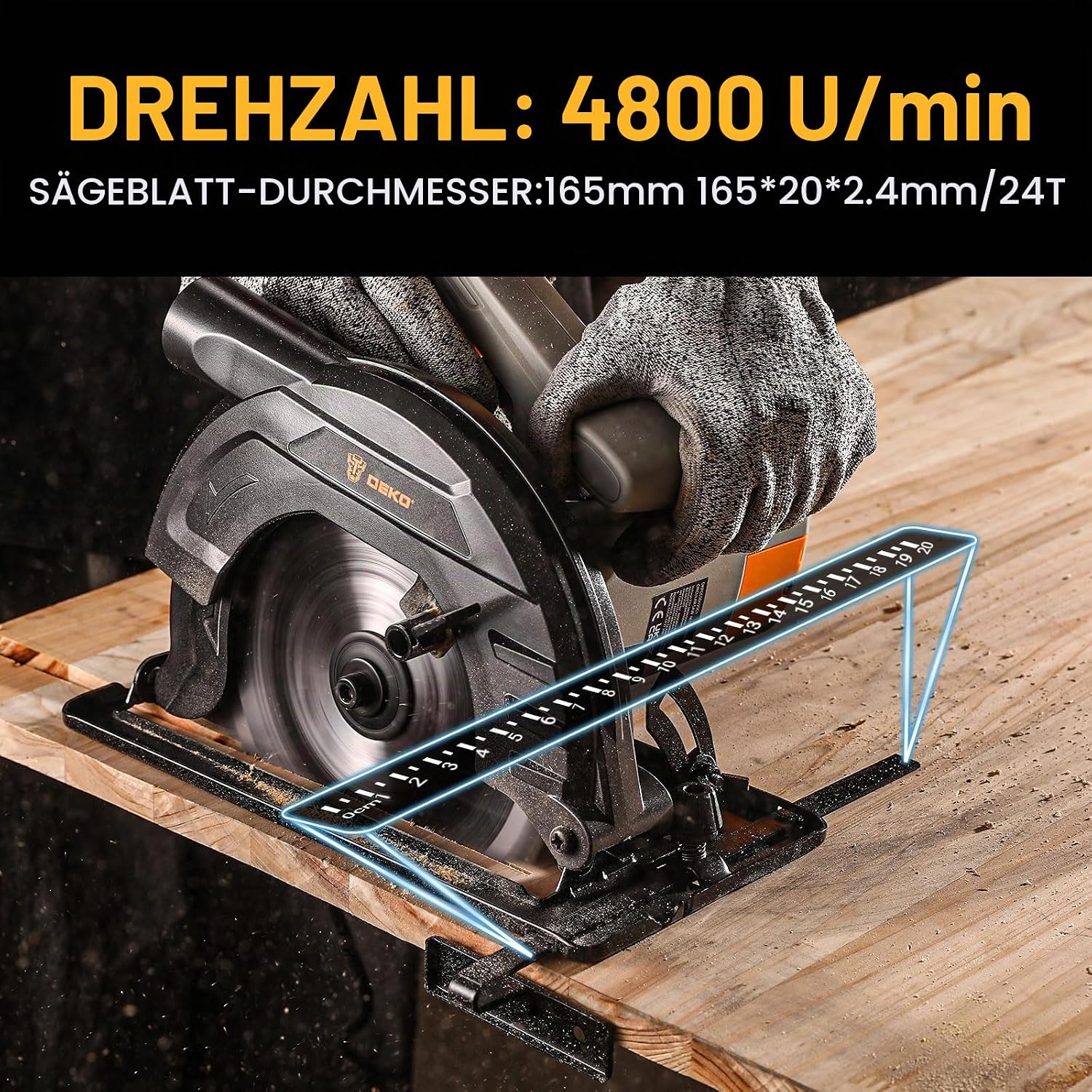 DEKOPRO Handkreissäge 1200W mit Kabel, Kreissäge mit Ø165mm Sägeblatt (24 Zähne), 4.800 U/min, Schnitttiefe bis 55mm (90°) und 33mm (45°), inkl. Parallelanschlag, für Holz – Bild 3