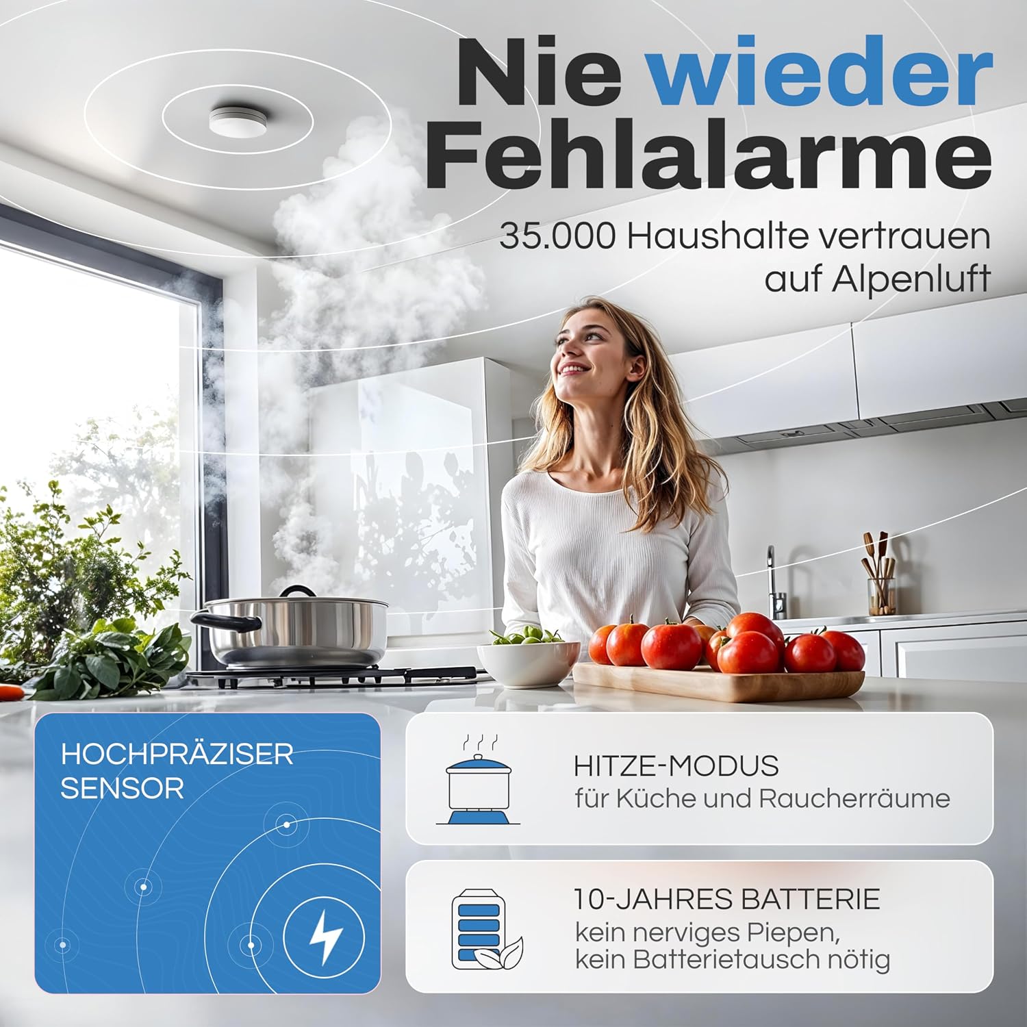 ALPENLUFT Rauchmelder Funk Vernetzt 10 Jahre Batterie, Rauchwarnmelder & Hitzemelder 2in1, Feuermelder, Brandmelder, Funkrauchmelder Vernetzbar | Ohne Bohren, Ohne LED Blinken 10er Set – Bild 4