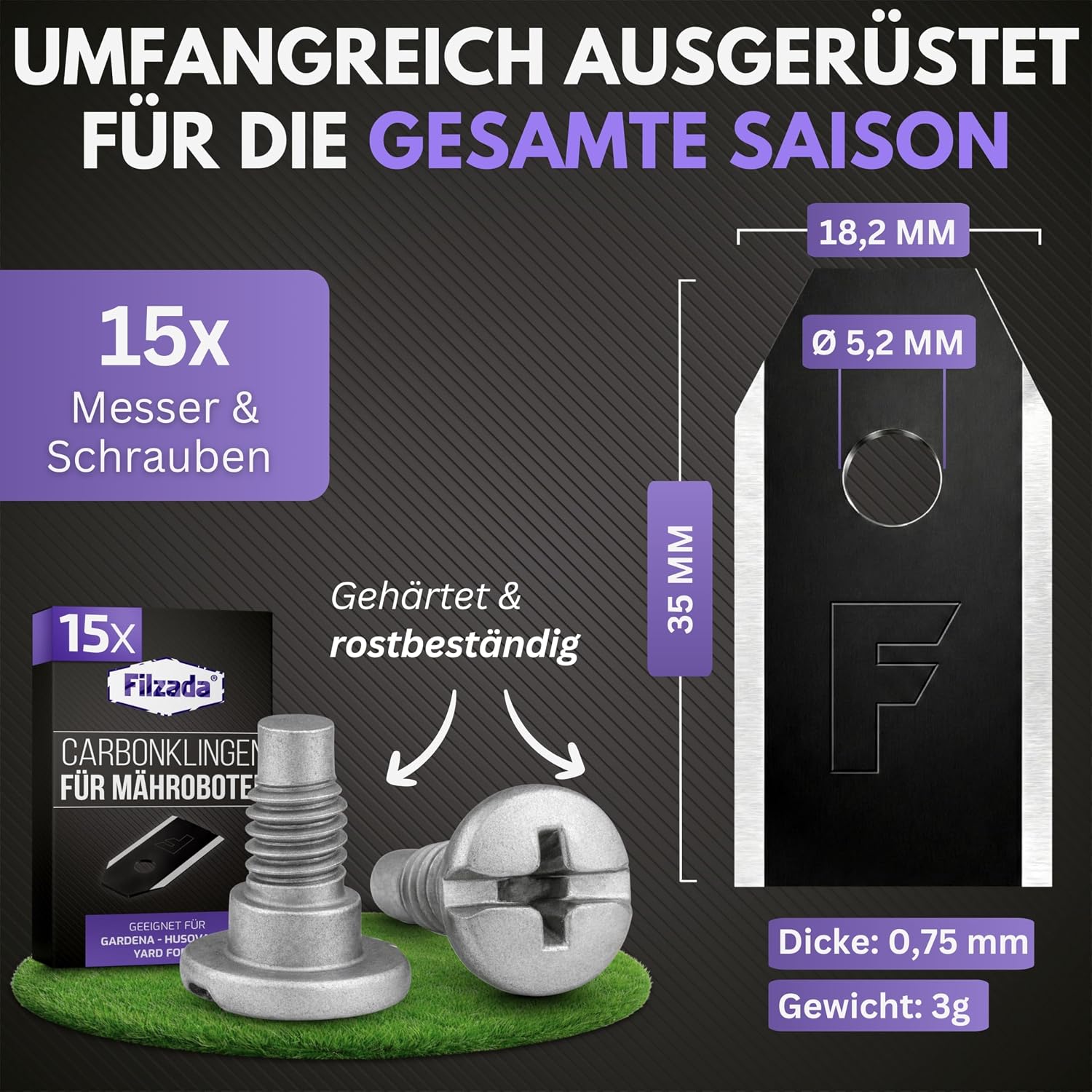 Filzada® 15x Mähroboter Messer Carbon kompatibel mit Husqvarna Automower – Bild 3