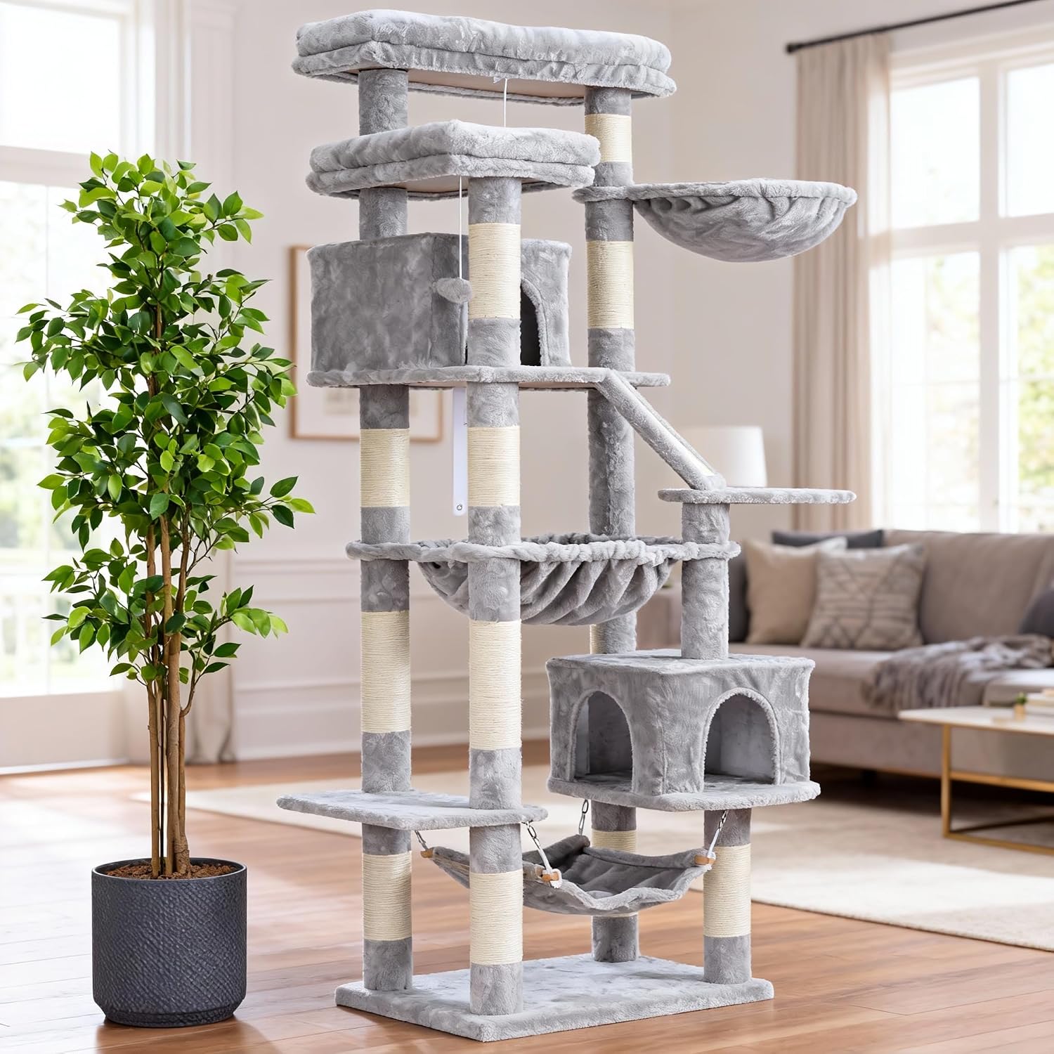 Heybly Kratzbaum, 180cm Katzenbaum für Wohnungskatzen, Hellgrau HCT034W – Bild 2