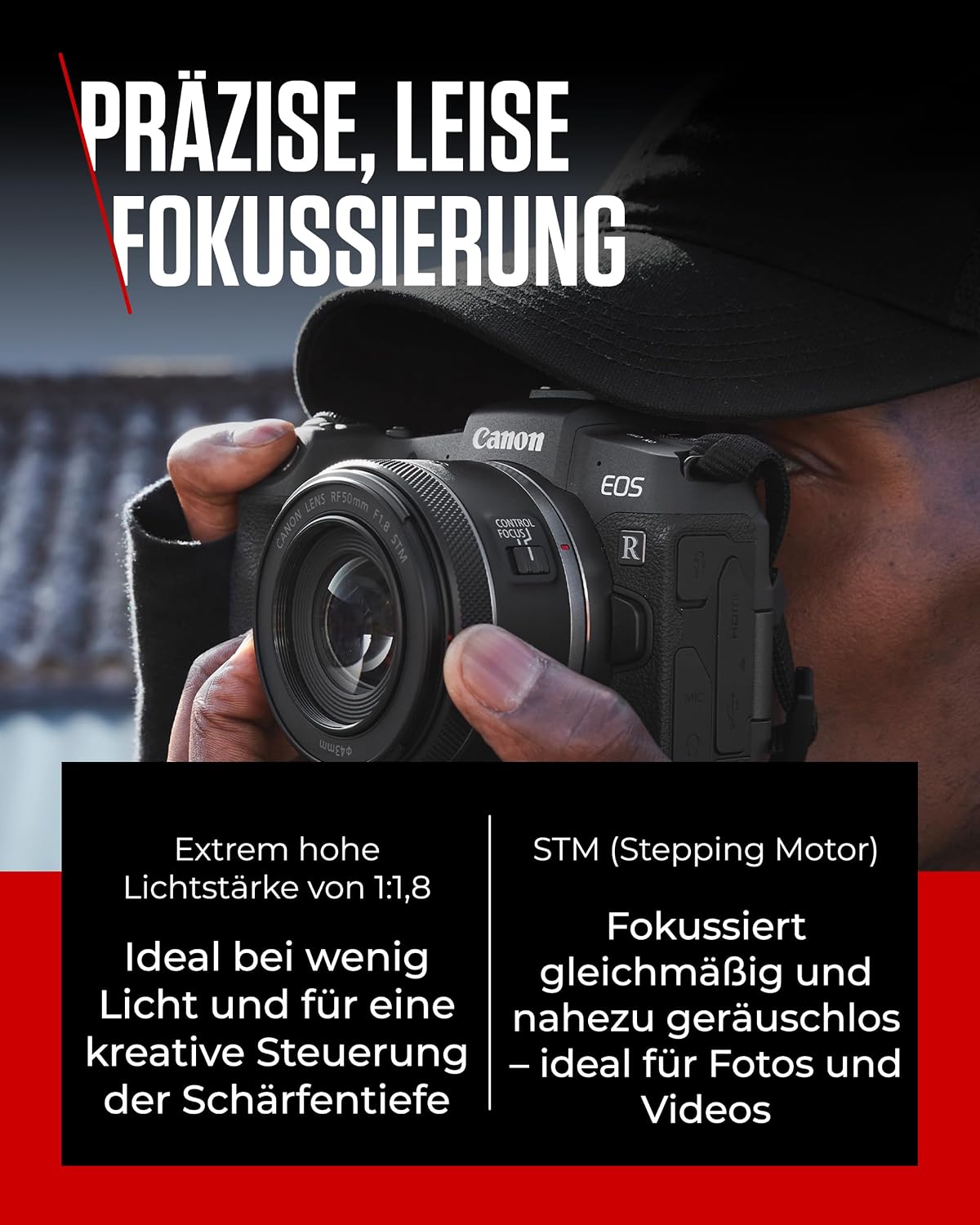 Canon RF 50 mm F1.8 STM Objektiv, Kompakt und Leicht, Hohe Lichtstärke von 1:1,8, Kompatibel mit Allen Canon Kameras der EOS R Serie, Schwarz – Bild 3