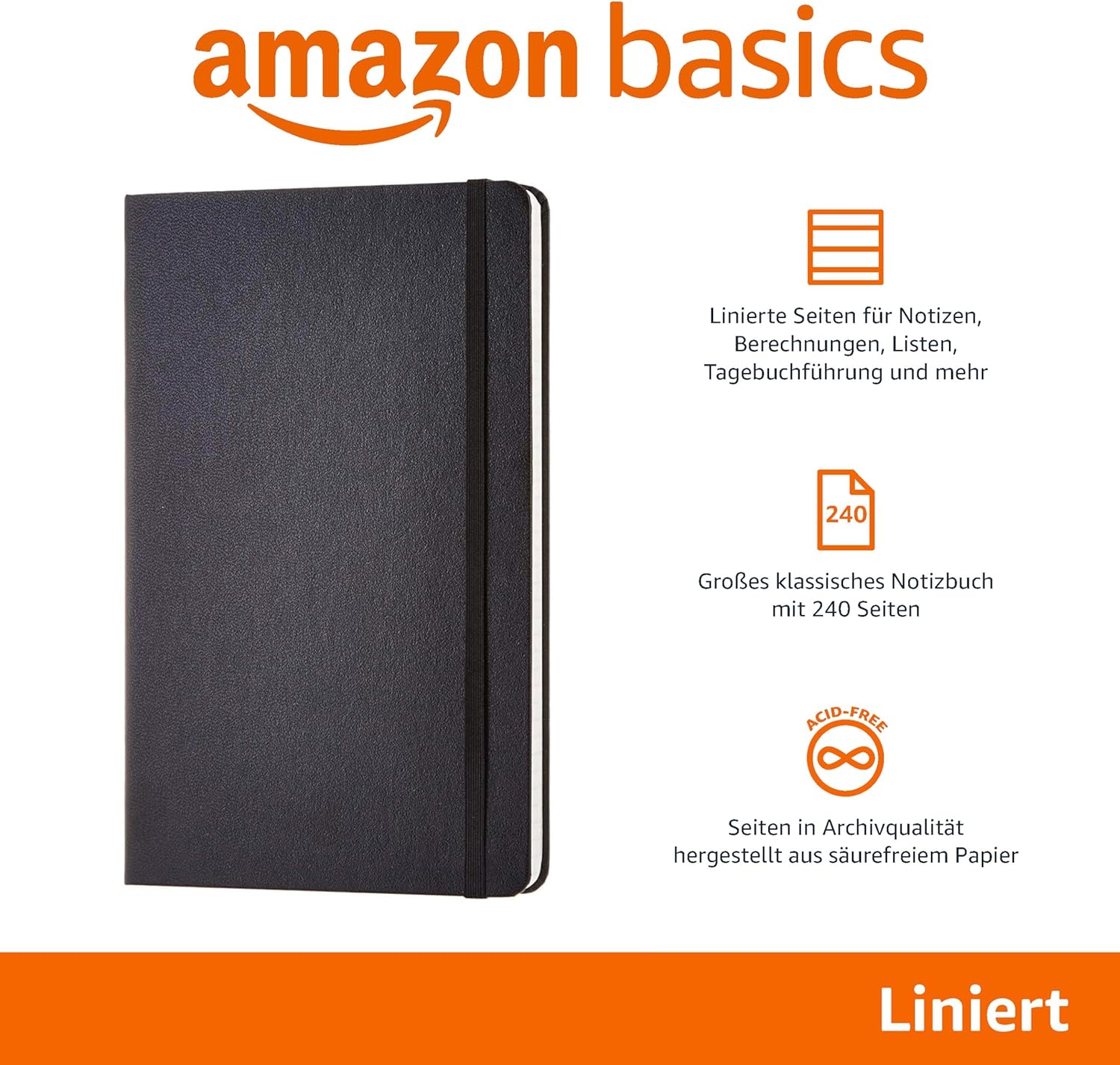 Amazon Basics A5 Notizbuch mit 240 linierten Seiten, Schwarz – Bild 2