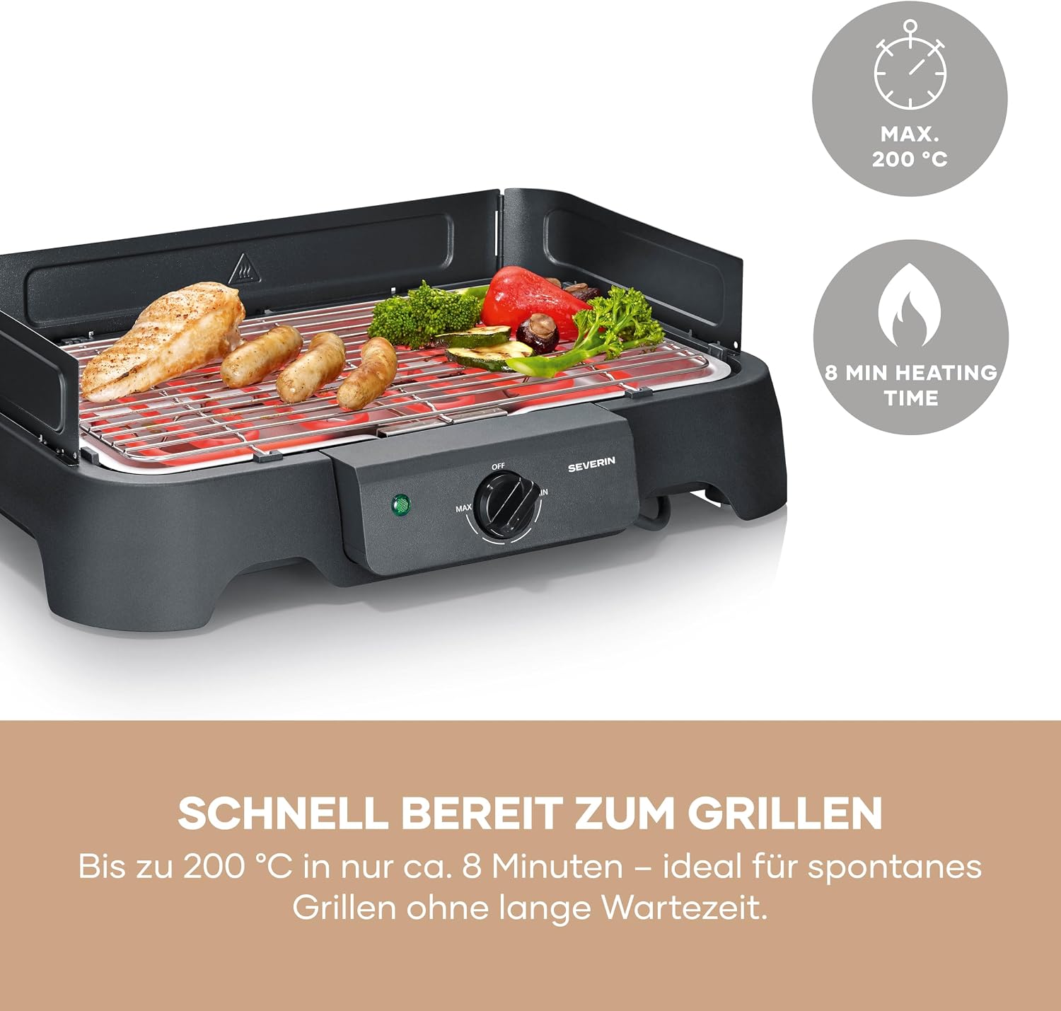 Severin Elektrogrill, Temperaturen 35-200 Grad Celsius, schnelles Aufheizen, 38x22 cm, Tischgrill mit Auffangschale, Edelstahl-Grillrost, Balkongrill, einfache Reinigung, 2000W, schwarz, PG 8593 – Bild 6