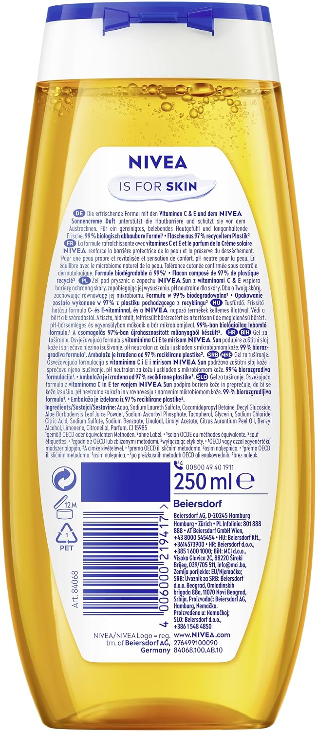 NIVEA Summer Happiness Duschgel, pH-hautneutrale Pflegedusche mit Vitamin C & E, feuchtigkeitsspendendes Duschbad mit dem klassischen NIVEA Sonnencreme Duft (250 ml) – Bild 9