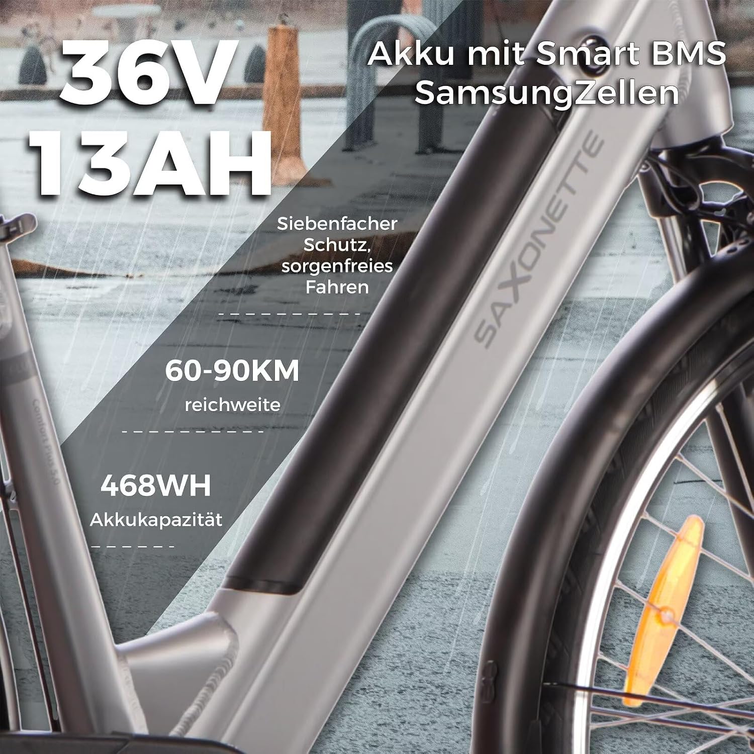 SAXONETTE E Bike mit Rücktrittbremse und nabenschaltung, Ebike Damen 28 Zoll mit 36V 13Ah BMS Akku, 7 Gang Elektro Fahrrad Erwachsene mit Federgabel, Pedelec mit Gepäckträger für Damen und Herren – Bild 3