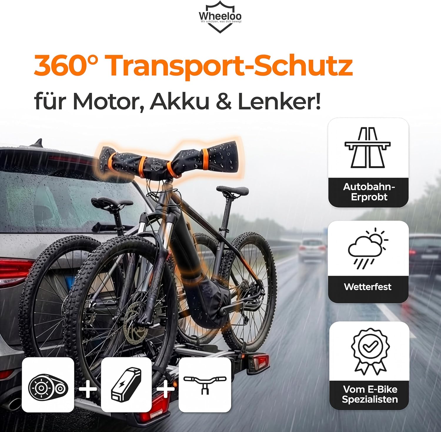 E-Bike Transportschutz Set 3-teilig für Motor, Akku und Lenker I wasserabweisende Schutzhüllen für Fahrradträger I E Bike Schutzhülle zB. für Bosch, Shimano, Yamaha Ebike I Wheeloo – Bild 2