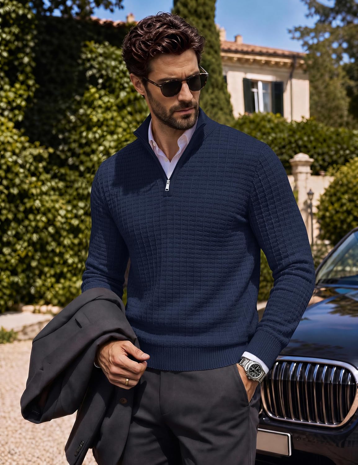 TACVASEN Pullover Herren 1/4 Zip Strickpullover Sweater Stehkragen Zip – Bild 2