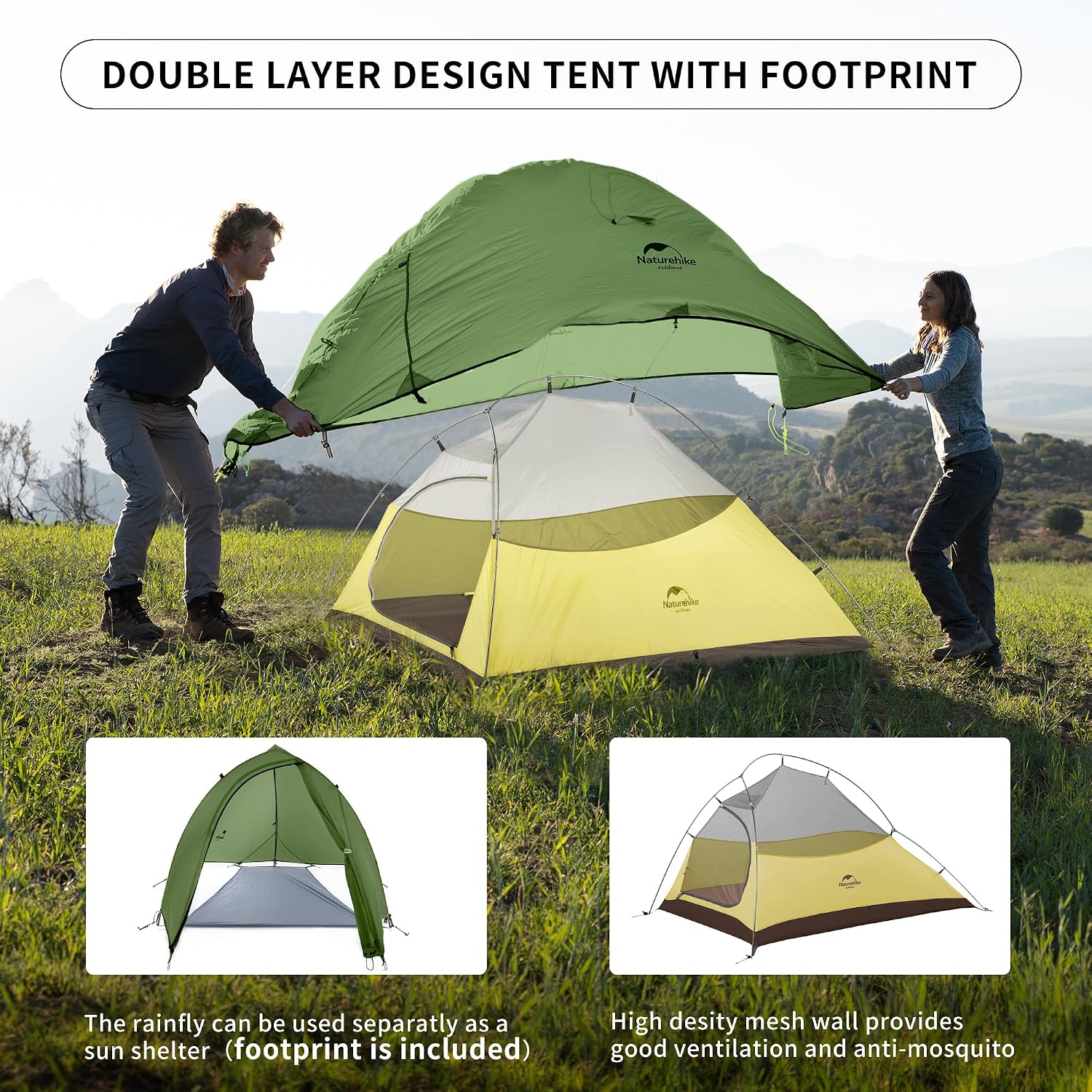 Naturehike Cloud up 2 Campingzelt Ultraleichtes Zelt 2 Personen 3-4 Saison Wasserdichtes Zelt für Rucksack Wandern – Bild 3