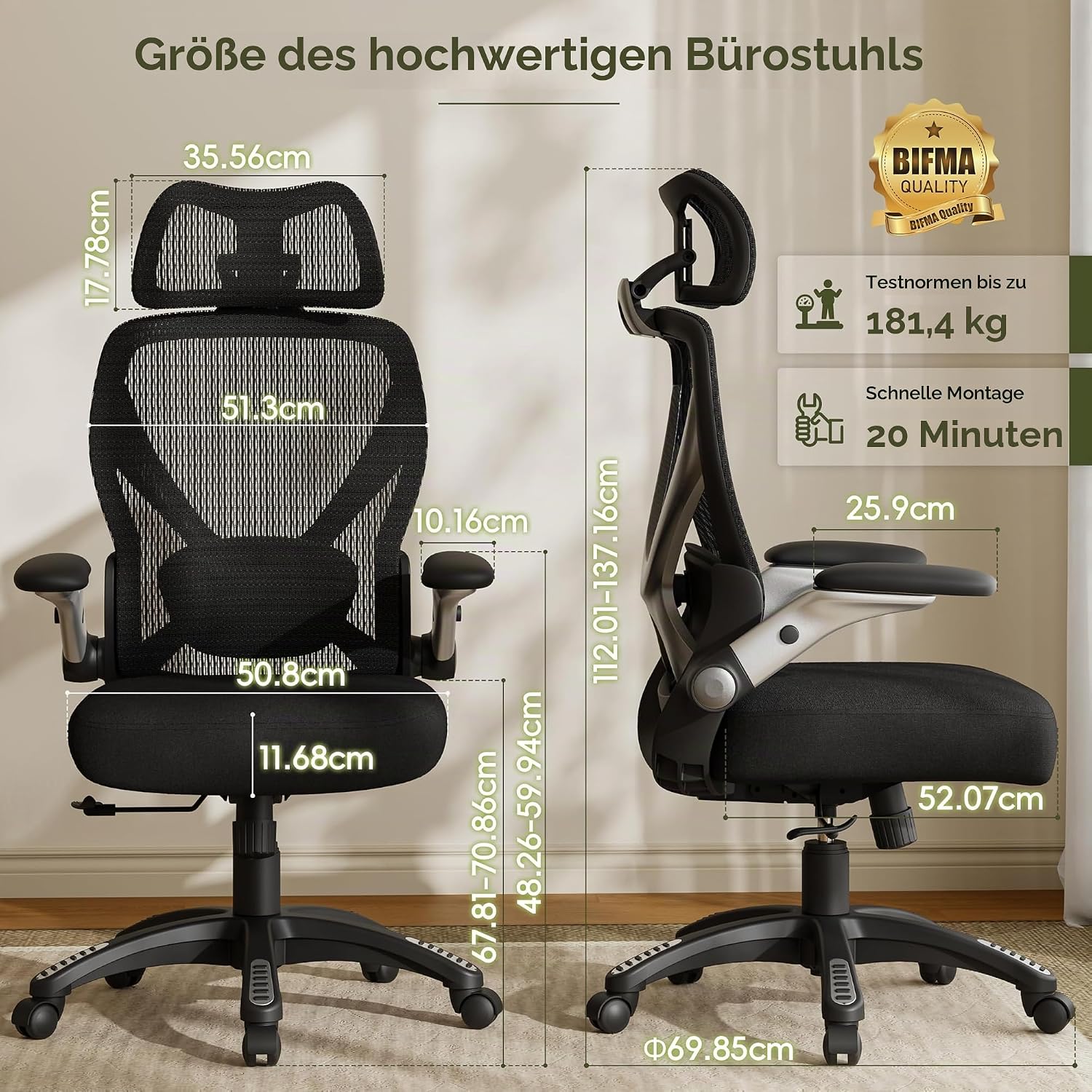 GABRYLLY Bürostuhl Ergonomisch, Ergonomischer Bürostühle mit Verstellbare Kopfstütze, Neigungsfunktion, Armlehnen, Ergonomic Office Desk Chair, Gaming Stuhl, Computerstuhl (Mitternachtsschwarz) – Bild 2