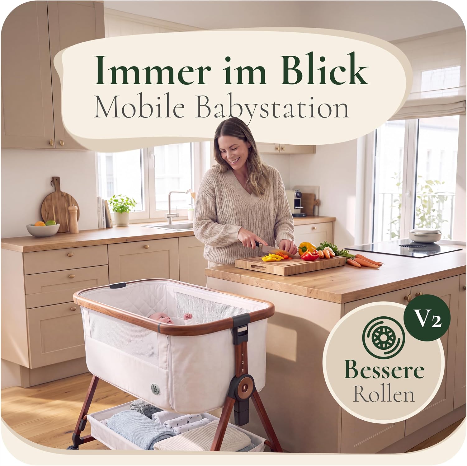 KUNU® Babybett - Beistellbett Baby mit Rollen für Boxspringbett - 3 in 1 rollbares Baby Bett Reise Babywiege - Stubenwagen mit Wiegefunktion & höhenverstellbar - Sicheres Reisebett inkl Reisetasche – Bild 3