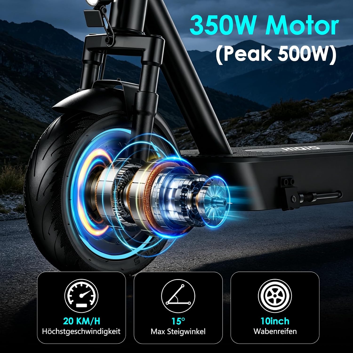 E Scooter mit Straßenzulassung, 500W Spitzenleistung, 10-Zoll Wabenreifen, Elektroroller, Höchstge Schwindigkeit 20 KM/H, 8Ah/12Ah Akku, 35-45 KM Reichweite, Doppelbremse – Bild 2