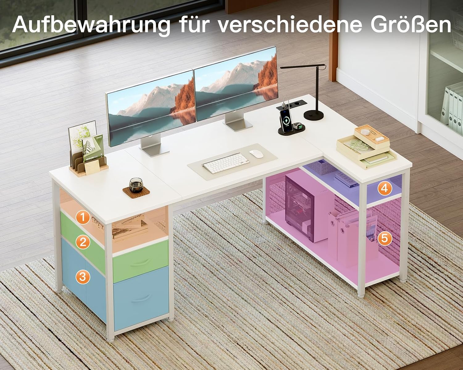 Coleshome Gaming Eckschreibtisch mit 2 Schubladen, 140×80 cm, Weiß – Bild 5
