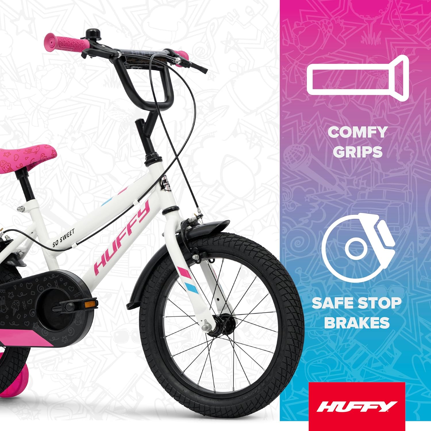 Huffy So Sweet Mädchenfahrrad Kinderfahrrad 12/16 / 20 Zoll, Fahrrad für Kinder 3–9 Jahre, Stahlrahmen, Handbremsen, Verstellbarer Sattel – Weiß, Ros, Blau – Bild 2