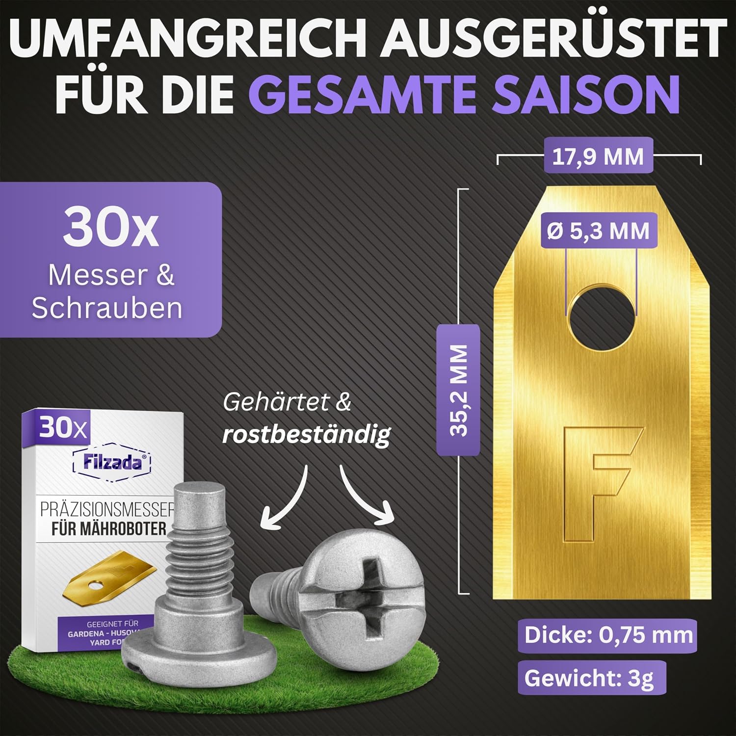 Filzada® 30x Mähroboter Messer kompatibel mit Husqvarna Automower, Gardena – Bild 3