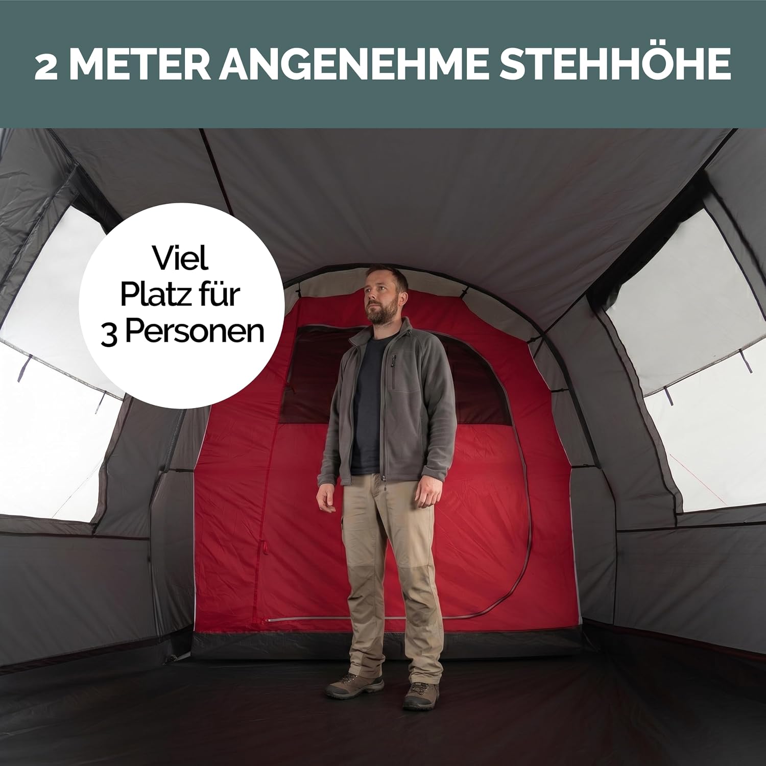 JUSTCAMP Atlanta 3, 5 oder 7 Personen Familienzelt - Tunnelzelt mit Stehhöhe inkl. Vordach & Boden, Eingang mit Fliegengitter - Campingzelt groß, geräumig, wasserdicht - Ideal für Campen & Festival – Bild 6