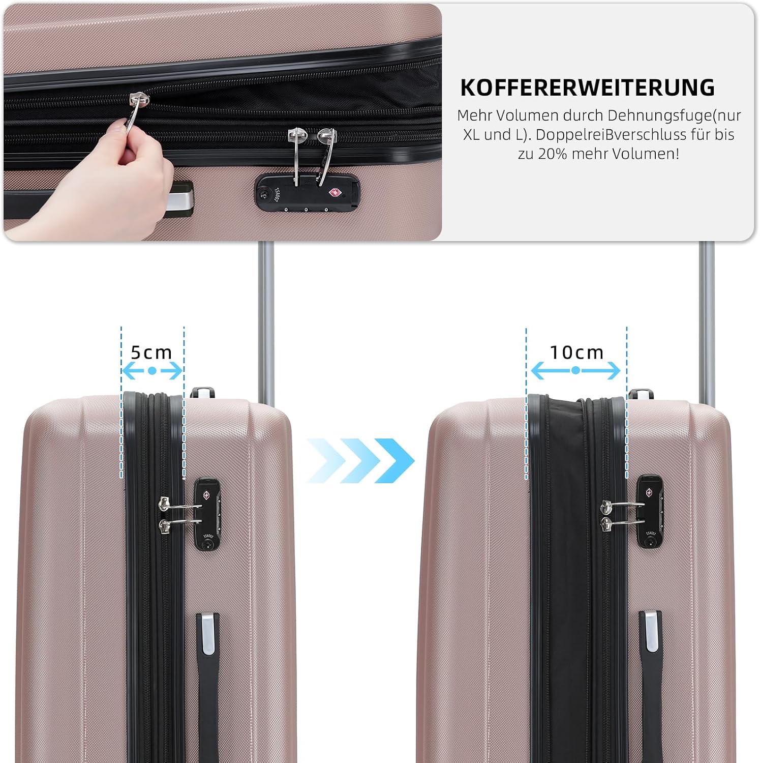BEIBYE TSA-Schloß 2080 Gepäck Zwillingsrollen Reisekoffer Koffer Trolley Hartschale Dehnungsfuge (Rosa Gold, L) – Bild 3