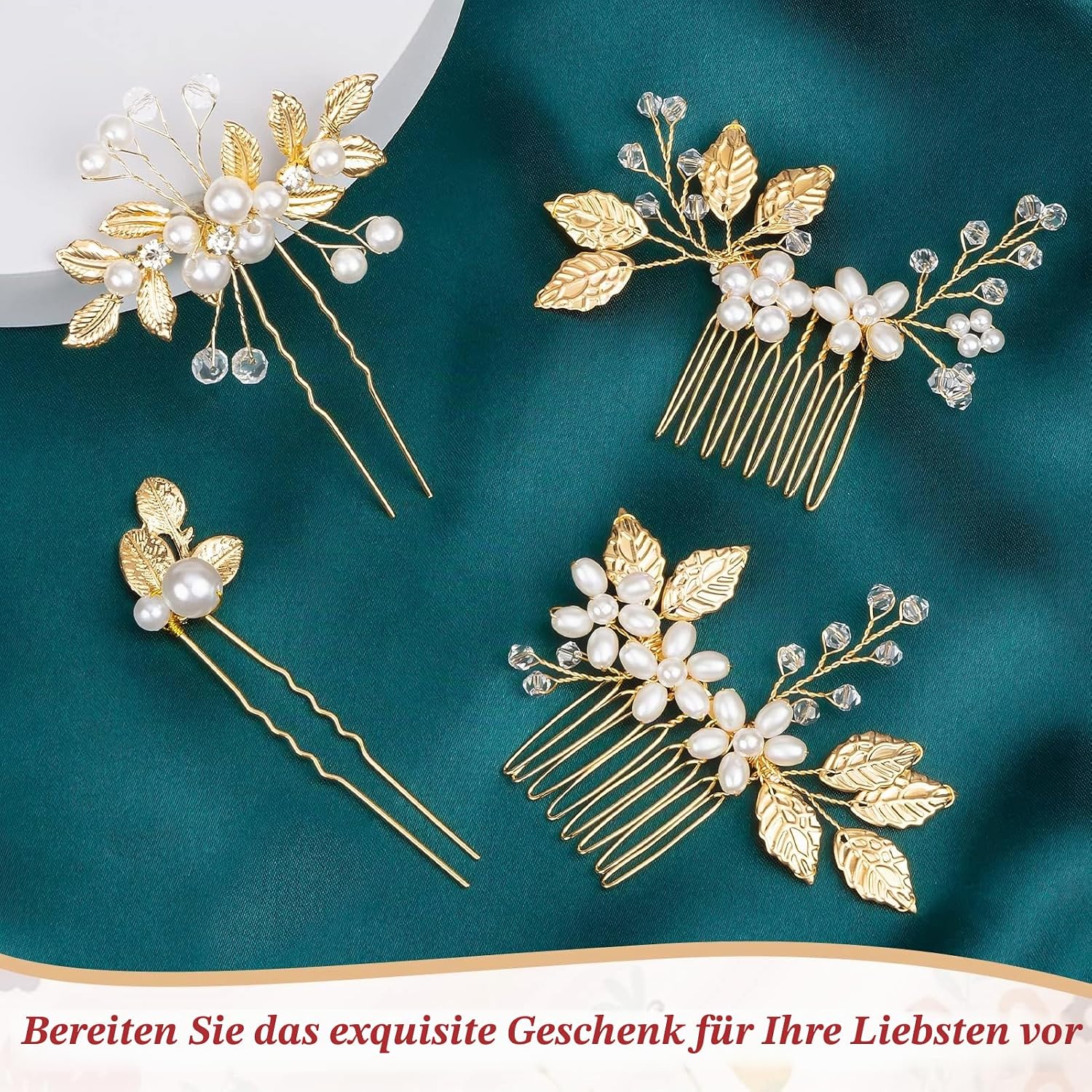 Kiiwah 4 Stück Haarschmuck Hochzeit Perle Blume Braut Haarkamm Strass Brautschmuck Braut Haarnadeln für Kommunion MäDchen Braut Brautjungfer(Gold) – Bild 7