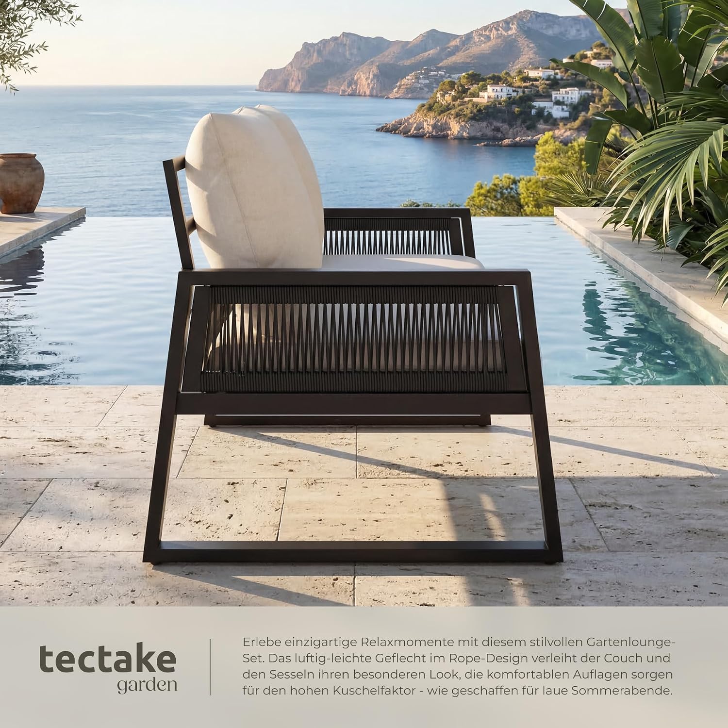 tectake® Rope Design Lounge Möbel Set für Garten oder Balkon, Aluminium Outdoor Sitzgruppe Terrassenmöbel mit 2 Sesseln, Sofa + Tisch in Holz Optik, inkl. Gartenmöbel-Kissen, wetterfest – Bild 4