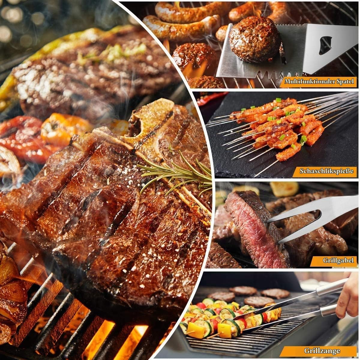 3PCS Edelstahl Grillbesteck-Set, Professionelle Grill Bestecksets in Tragetasche BBQ Grillwerkzeug Grillset – Bild 5
