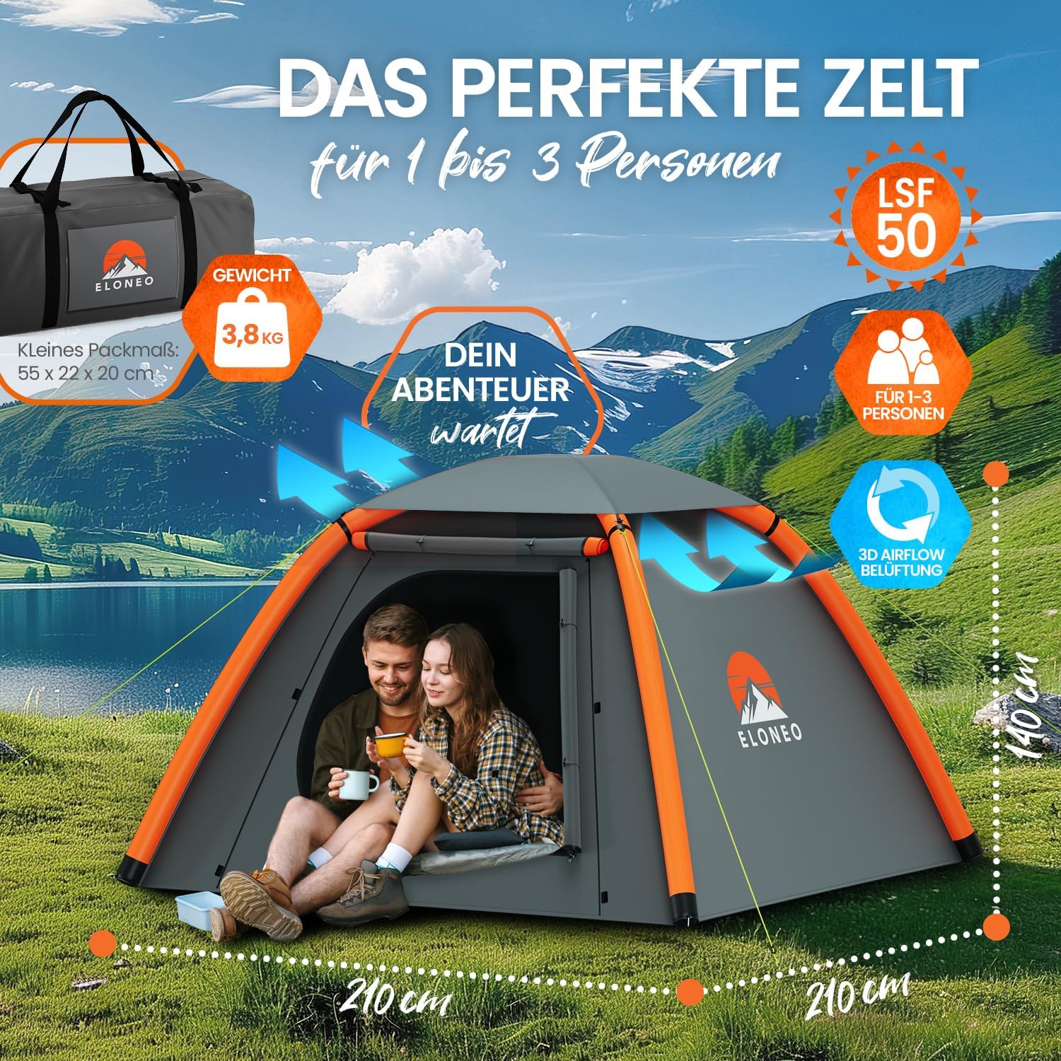 ELONEO aufblasbares Zelt für 1-4 Personen mit Vordach & Luftpumpe, Camping Zelt wasserdicht, Luftzelt Ultraleicht, Inflatable Tent, Glamping Zelt mit gratis LED Licht – Bild 6