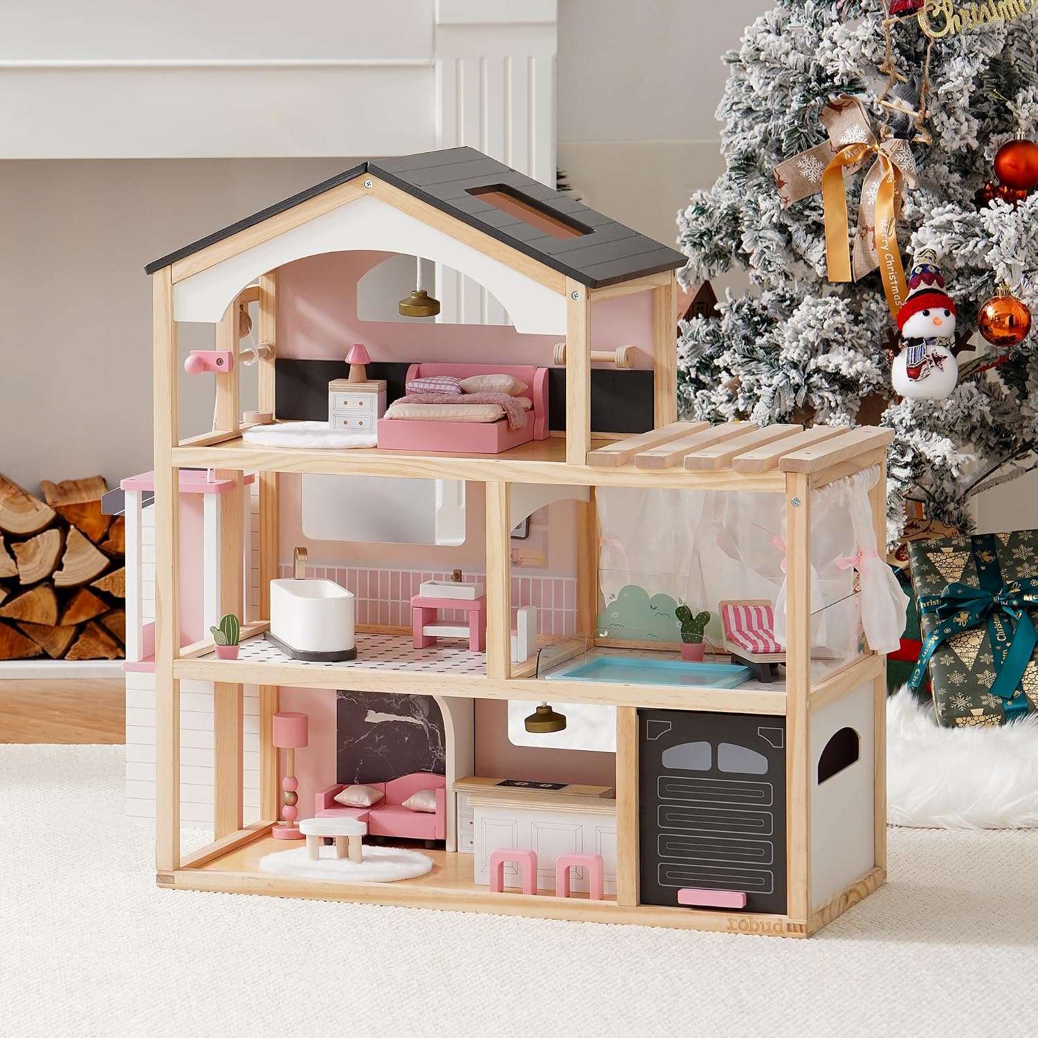 ROBUD Puppenhaus aus Holz,Puppen-Villa mit Möbel,Mit Aufzug, Garage, Pavillon und Schwimmbad,Geschenk für Kinder ab 3, 4, 5, 6 Jahren und älter,Schwarz – Bild 2